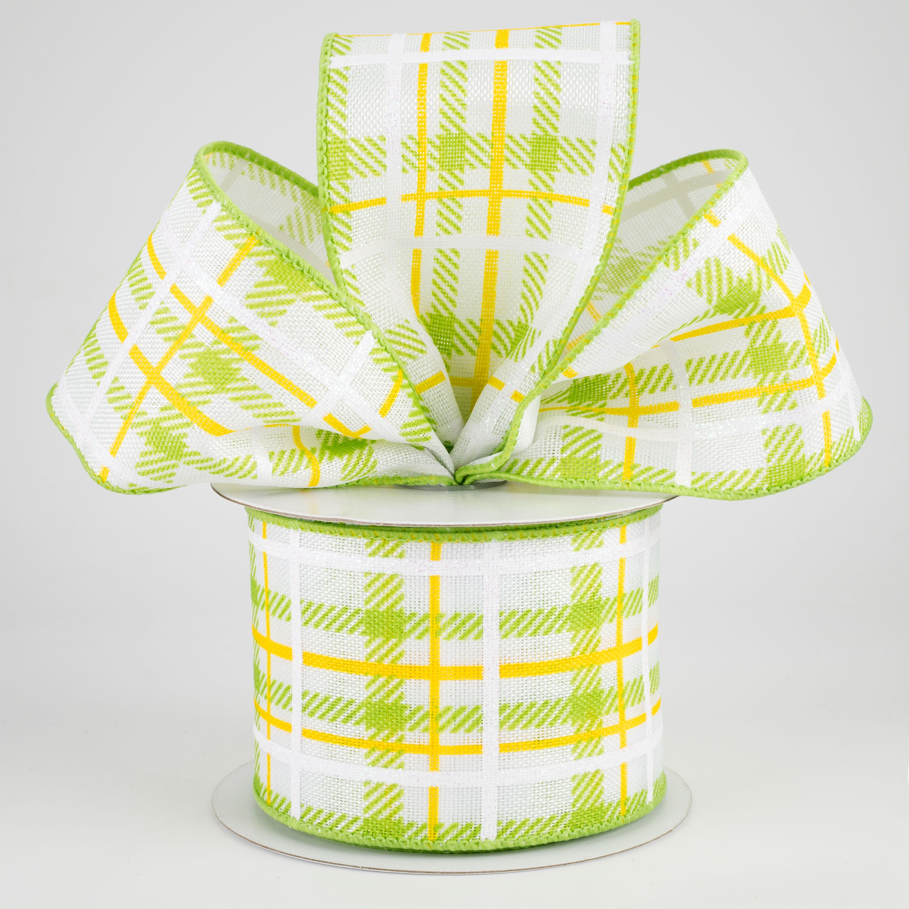 2.5" Iridescent Print Plaid Ribbon: Lime, Yellow, White (10 Yards) Lifestyle Photo