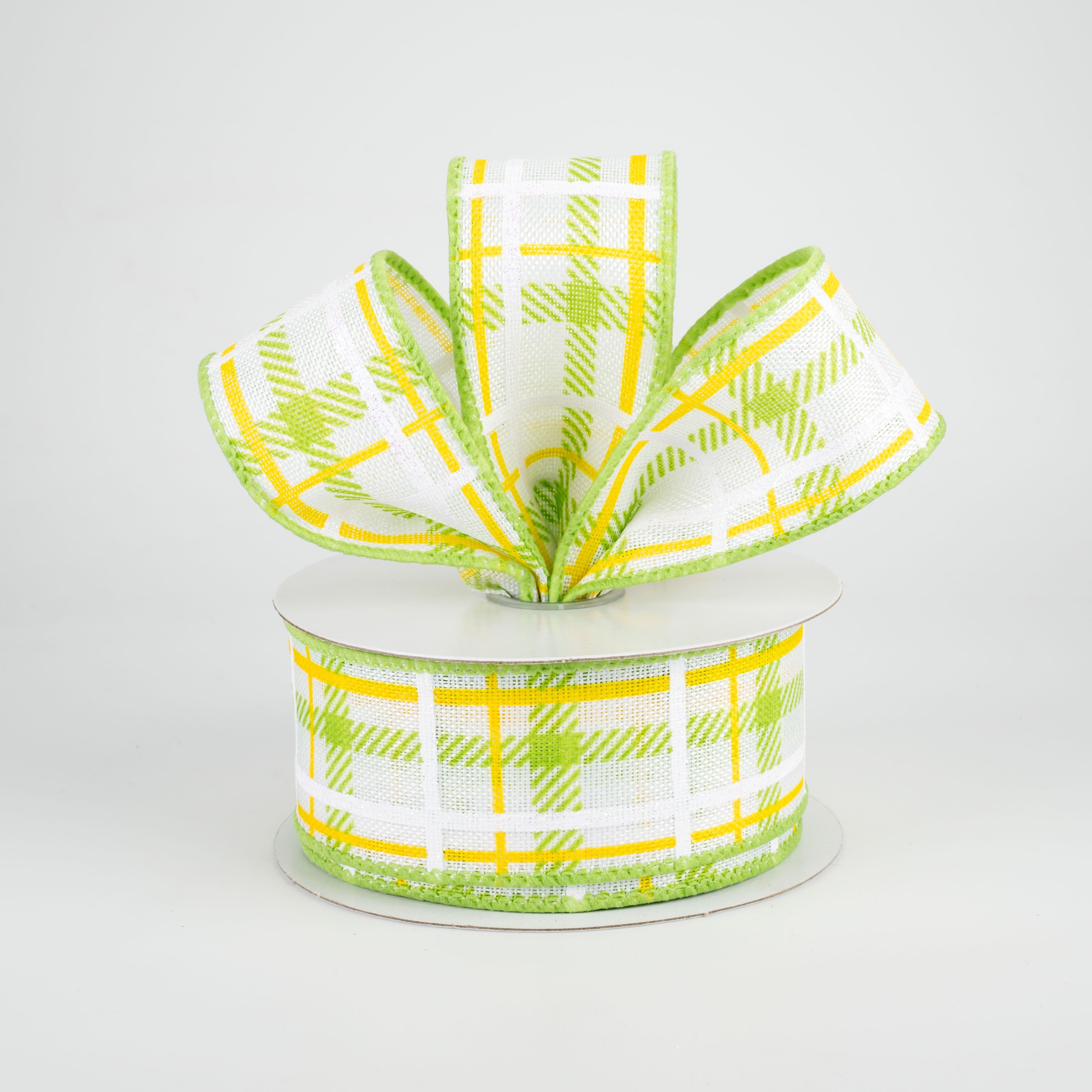 1.5" Iridescent Print Plaid Ribbon: Lime, Yellow, White (10 Yards) Lifestyle Photo