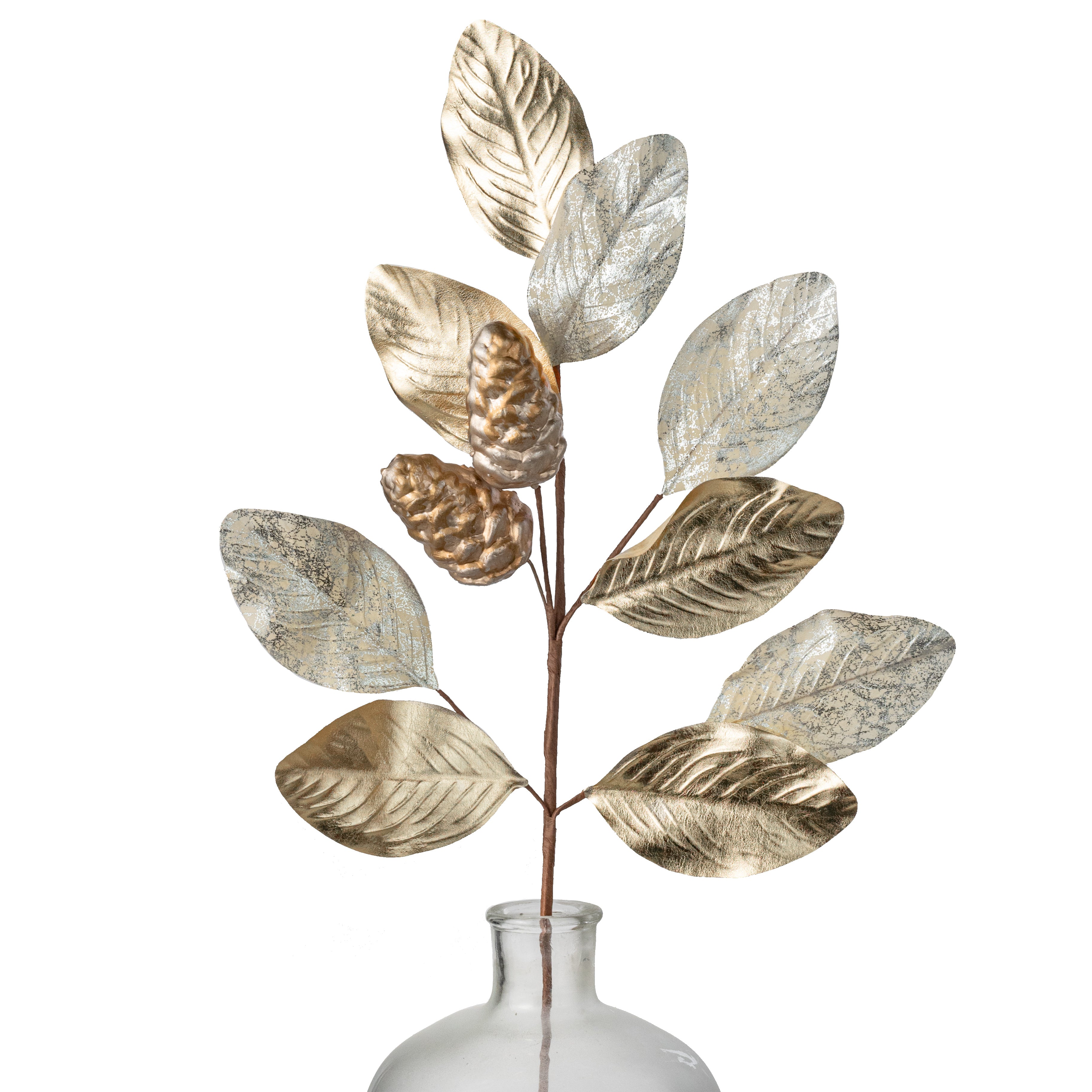 29" Metallic Magnolia Leaves & Pinecones Spray: Champagne