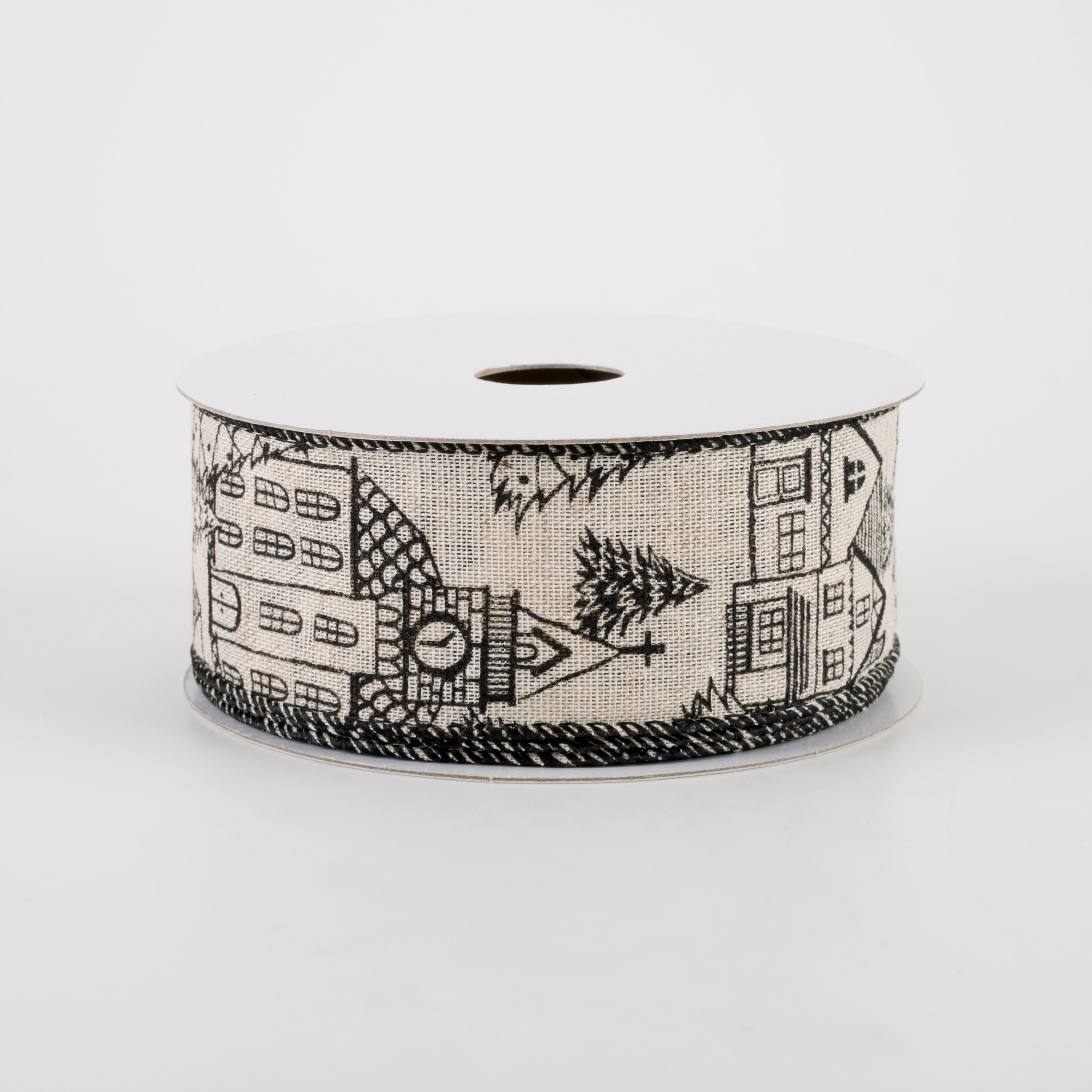 1.5" Ivory Canvas Outlined Houses Ribbon: Black (10 Yards) Item Number: 71160-09-21