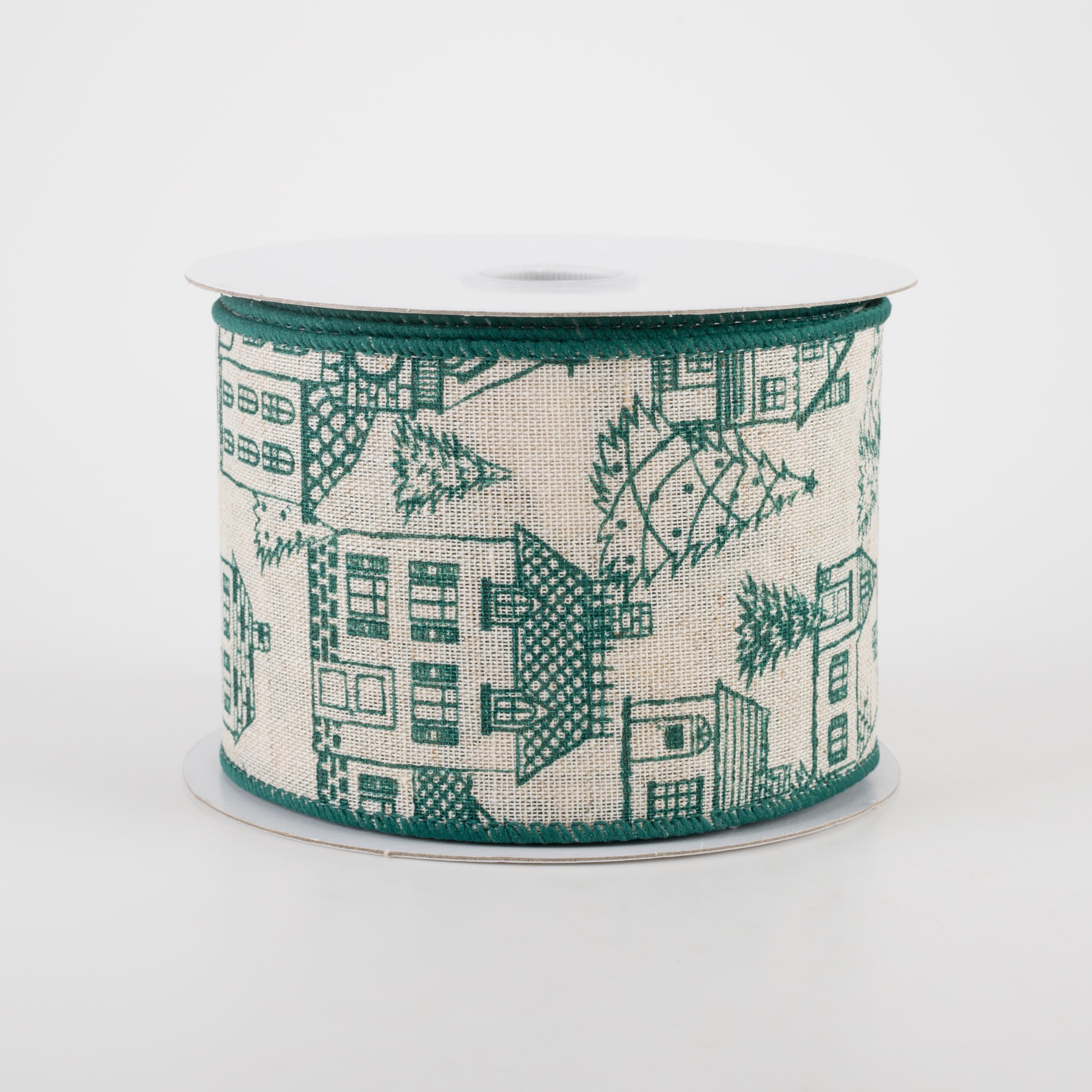 2.5" Ivory Canvas Outlined Houses Ribbon: Green (10 Yards) Item Number: 71160-40-07