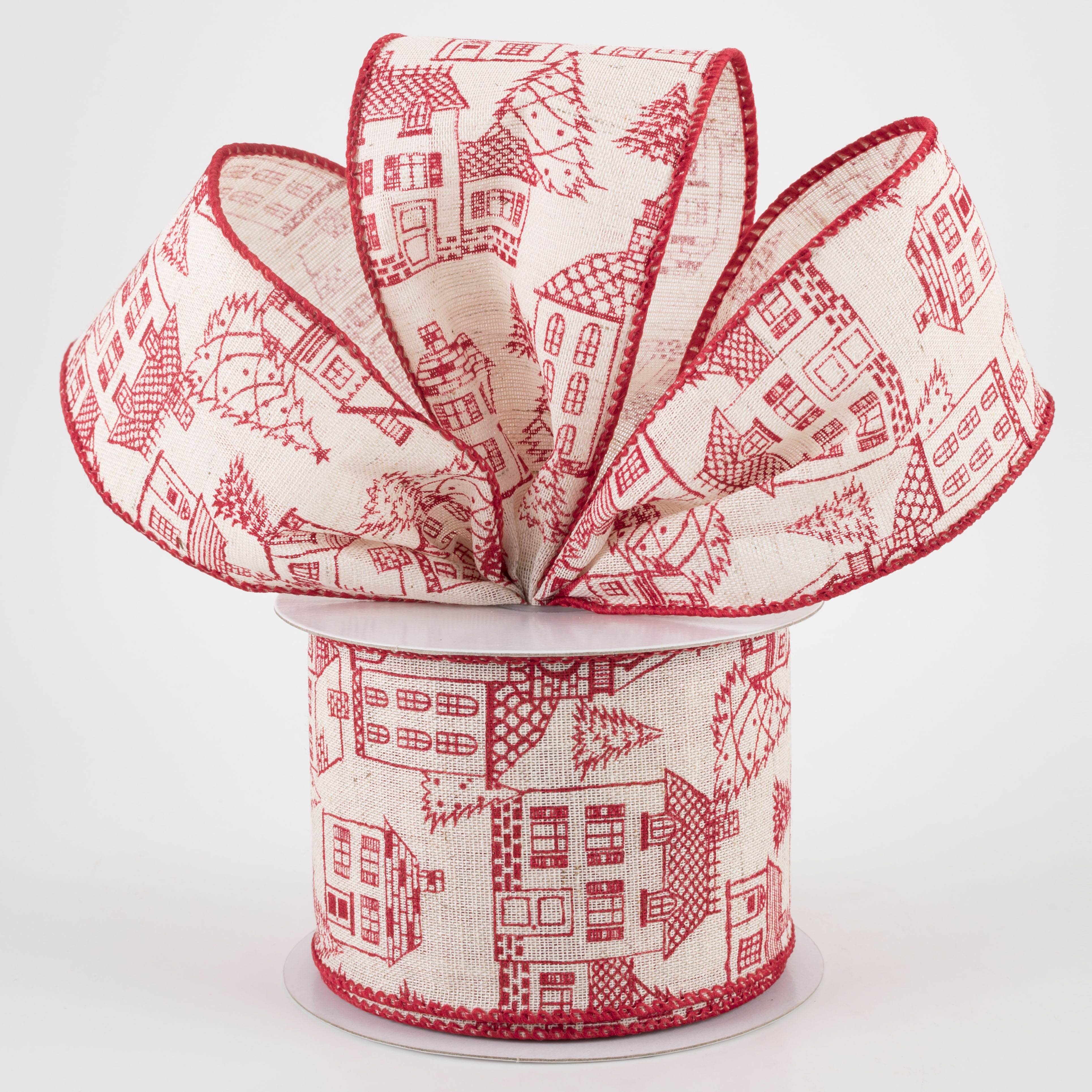 2.5" Ivory Canvas Outlined Houses Ribbon: Red (10 Yards) Lifestyle Photo