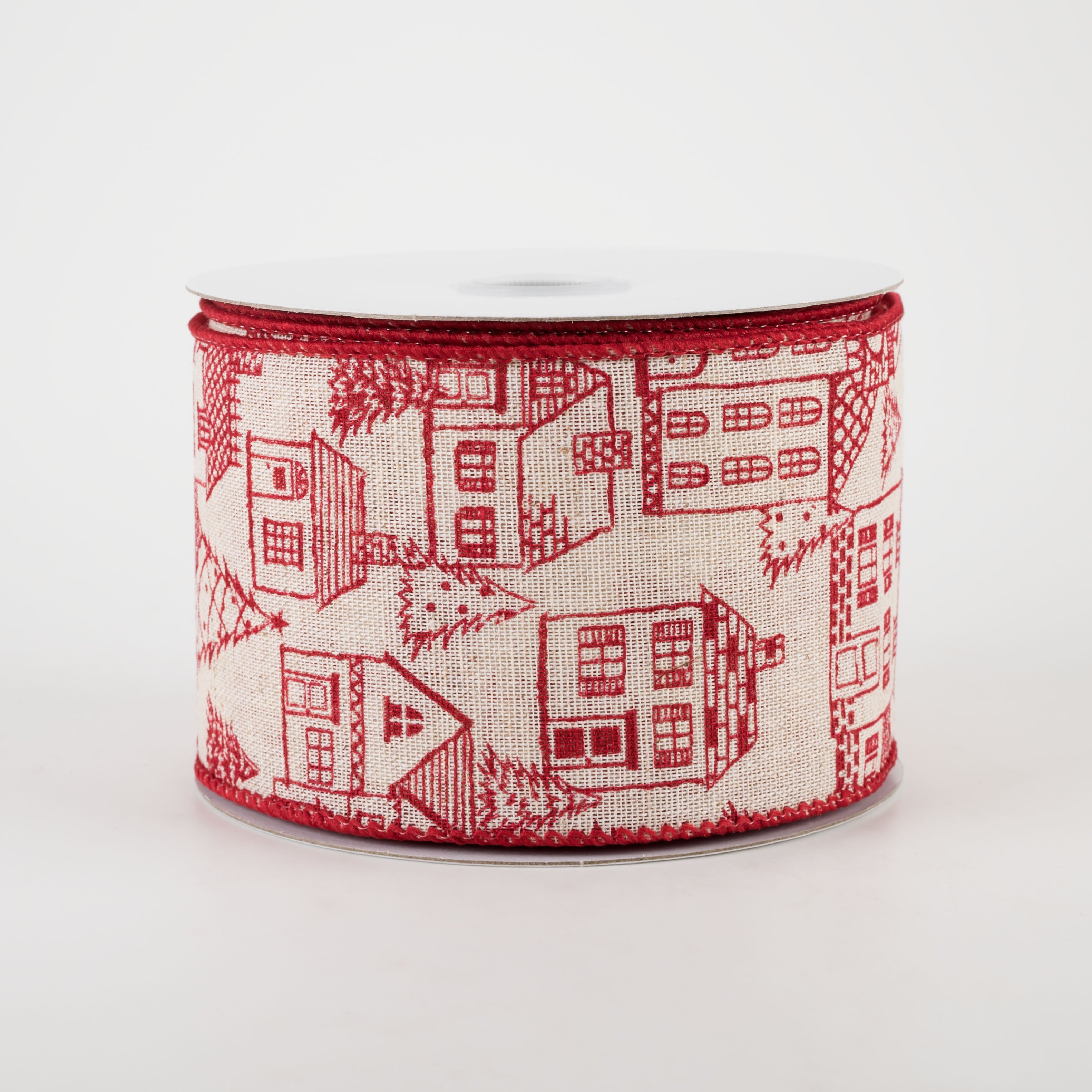 2.5" Ivory Canvas Outlined Houses Ribbon: Red (10 Yards) Item Number: 71160-40-12