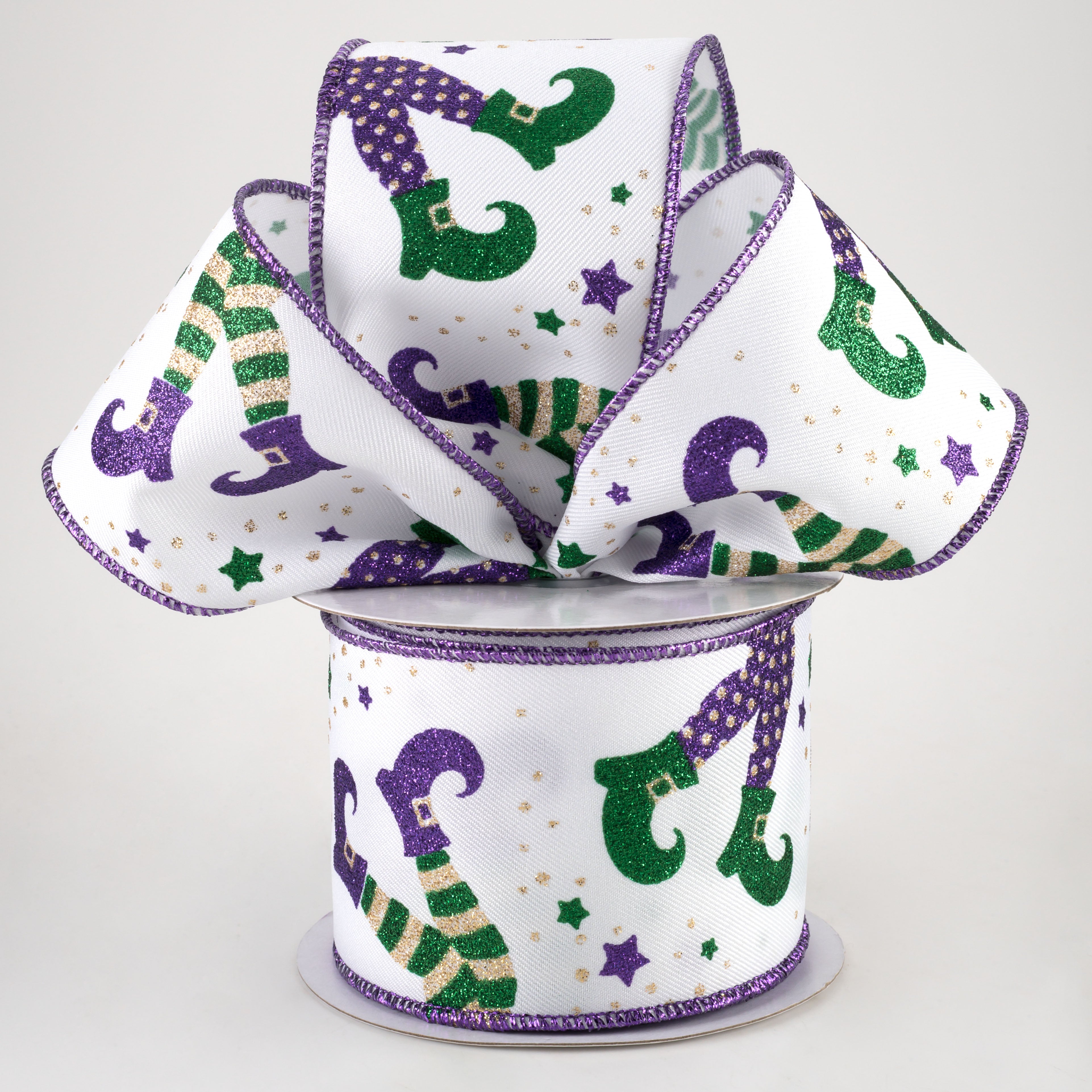 2.5" Jester Legs Ribbon: Purple, Emerald, Gold (10 Yards) Lifestyle Photo