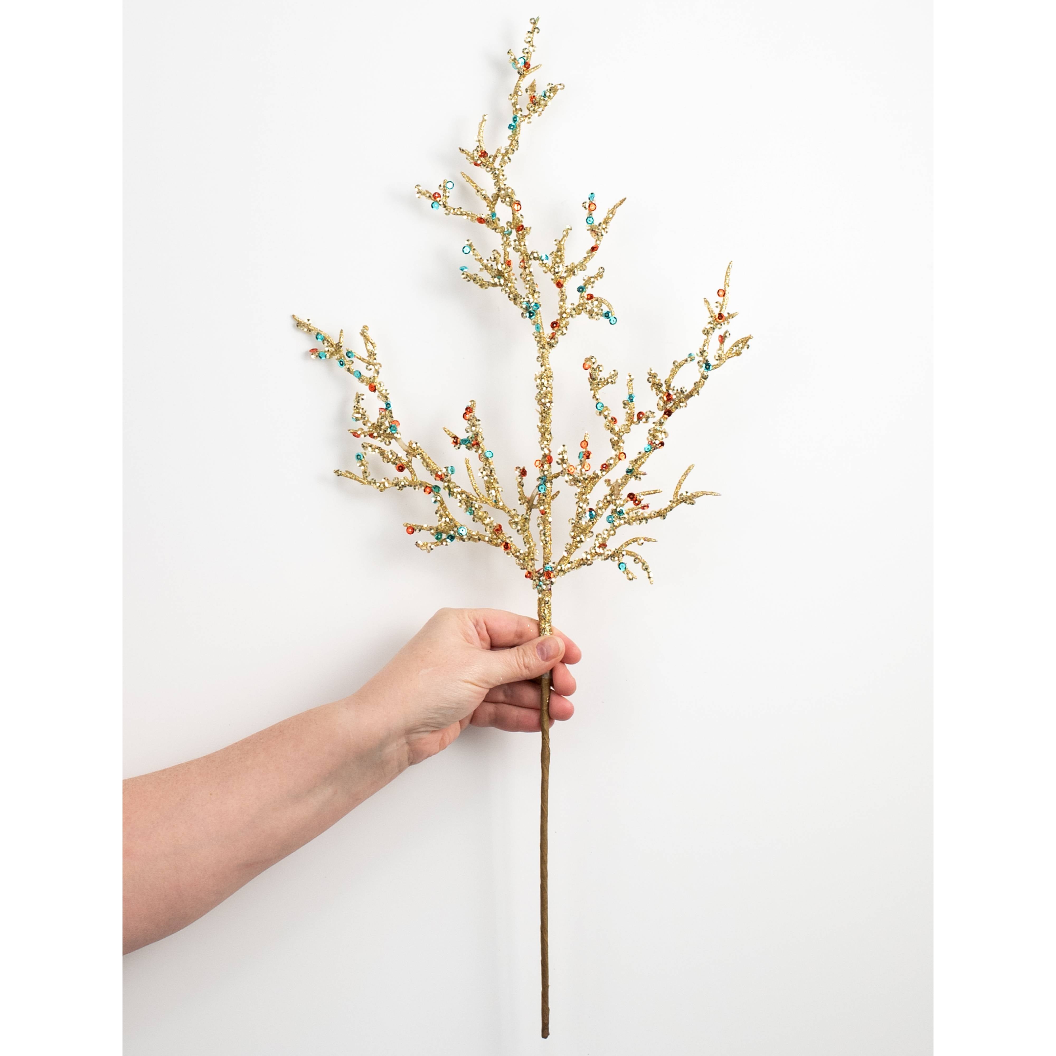24" Jewel Glittered Branch Spray: Gold, Orange & Blue detail photo 3