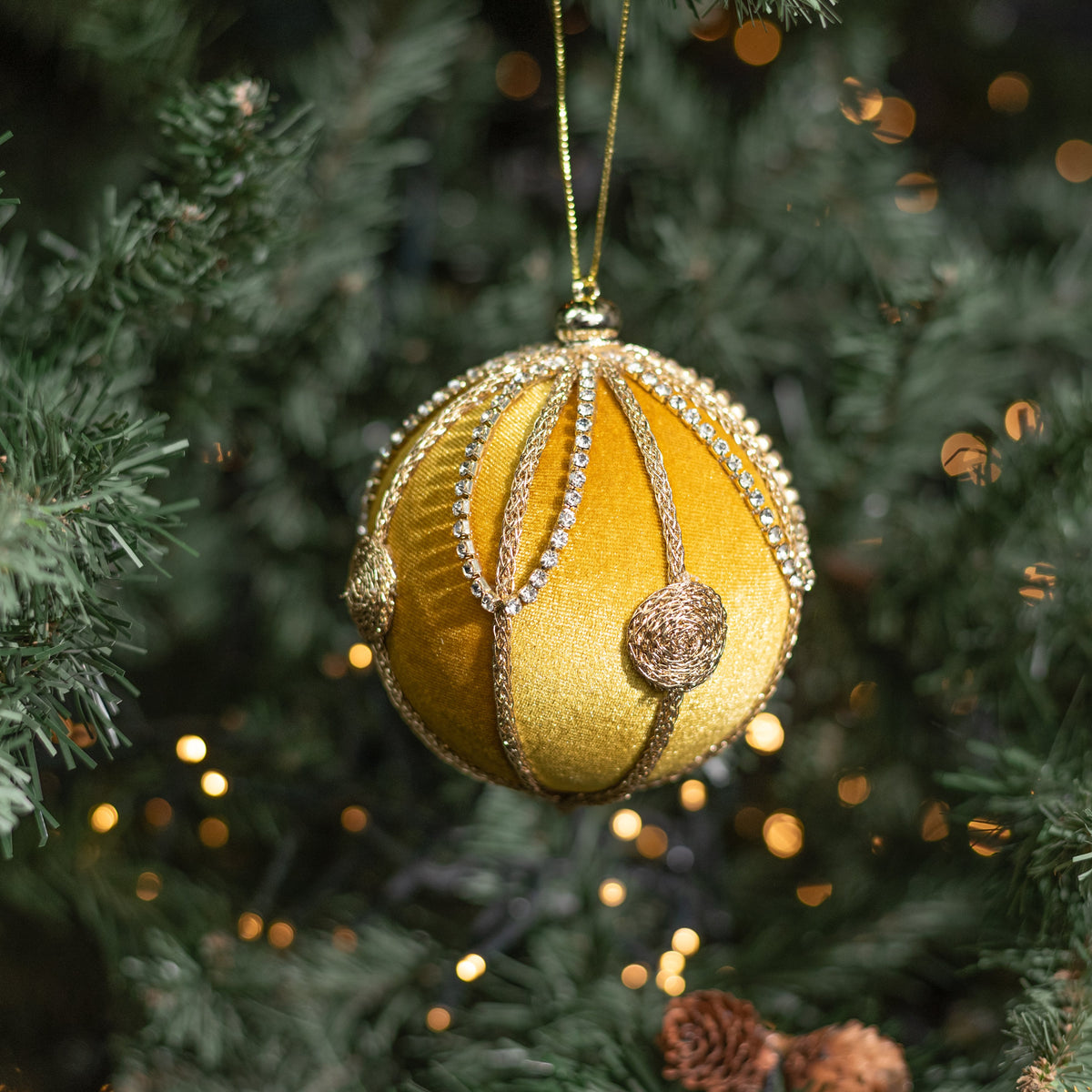 4" Jeweled Chain Velvet Ball Ornament: Gold Lifestyle Photo