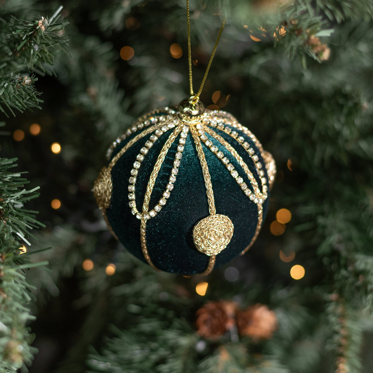 4" Jeweled Chain Velvet Ball Ornament: Green & Gold Lifestyle Photo