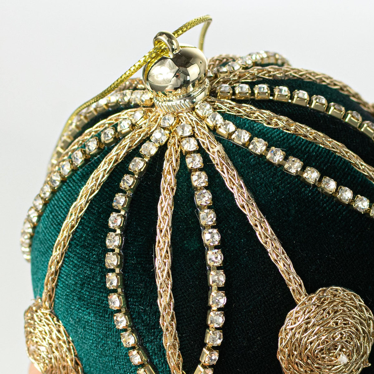 4" Jeweled Chain Velvet Ball Ornament: Green & Gold detail photo 3