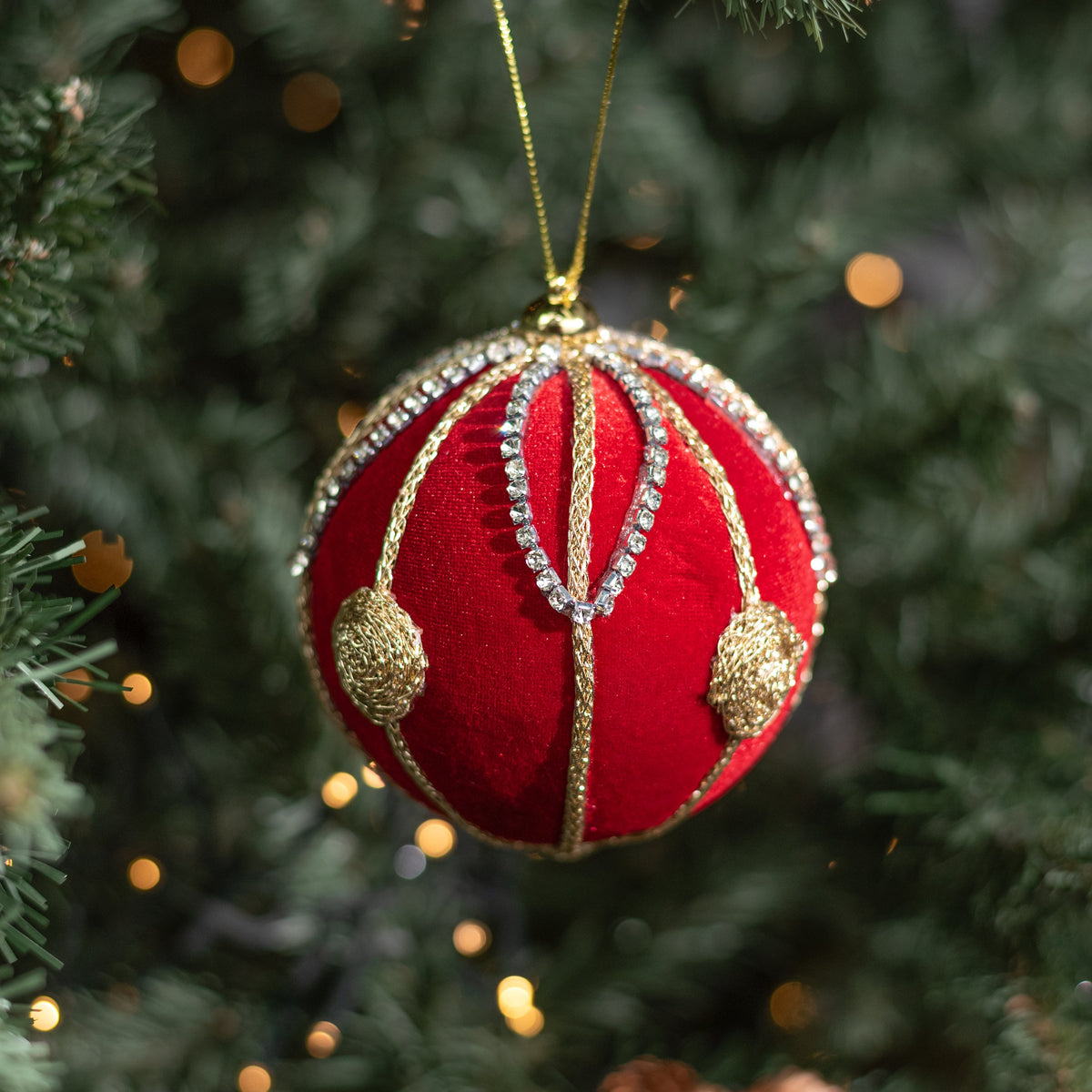 4" Jeweled Chain Velvet Ball Ornament: Red & Gold Lifestyle Photo
