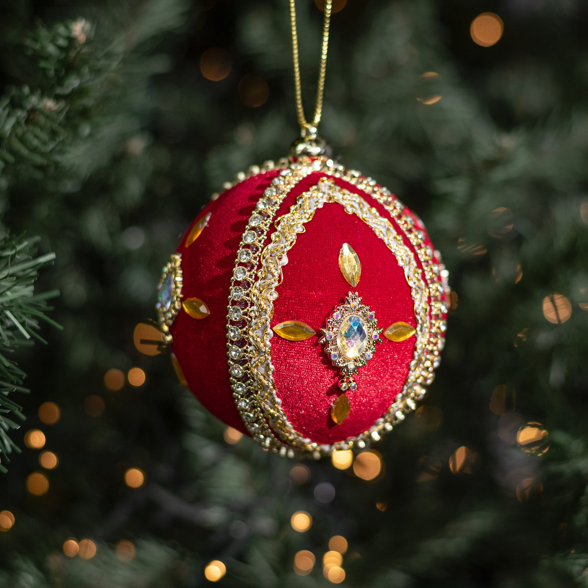 4" Jeweled Cross Velvet Ball Ornament: Red & Gold Lifestyle Photo