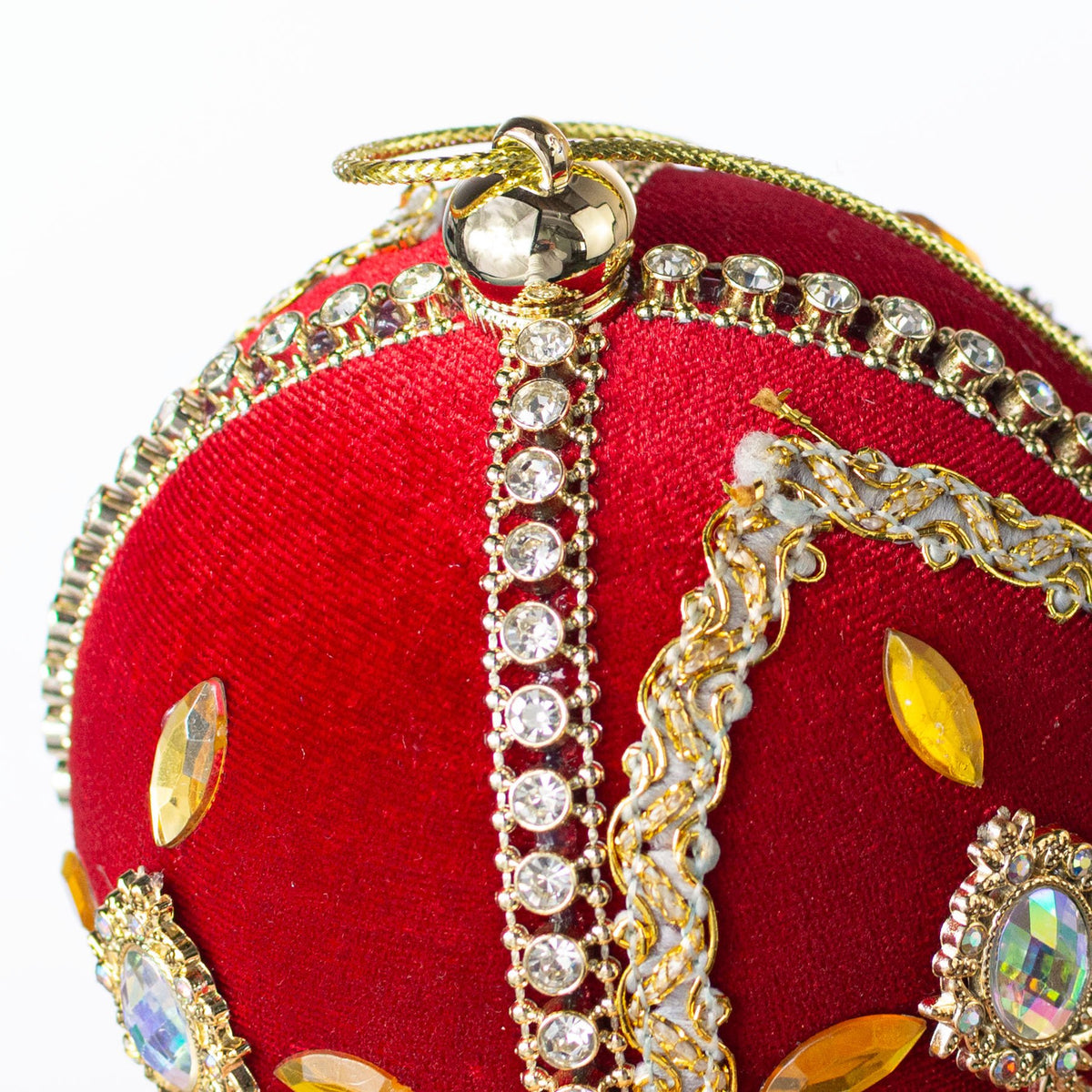4" Jeweled Cross Velvet Ball Ornament: Red & Gold detail photo 3