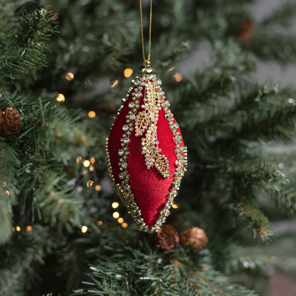 6" Jeweled Diamond Finial Ornament: Red & Gold Lifestyle Photo