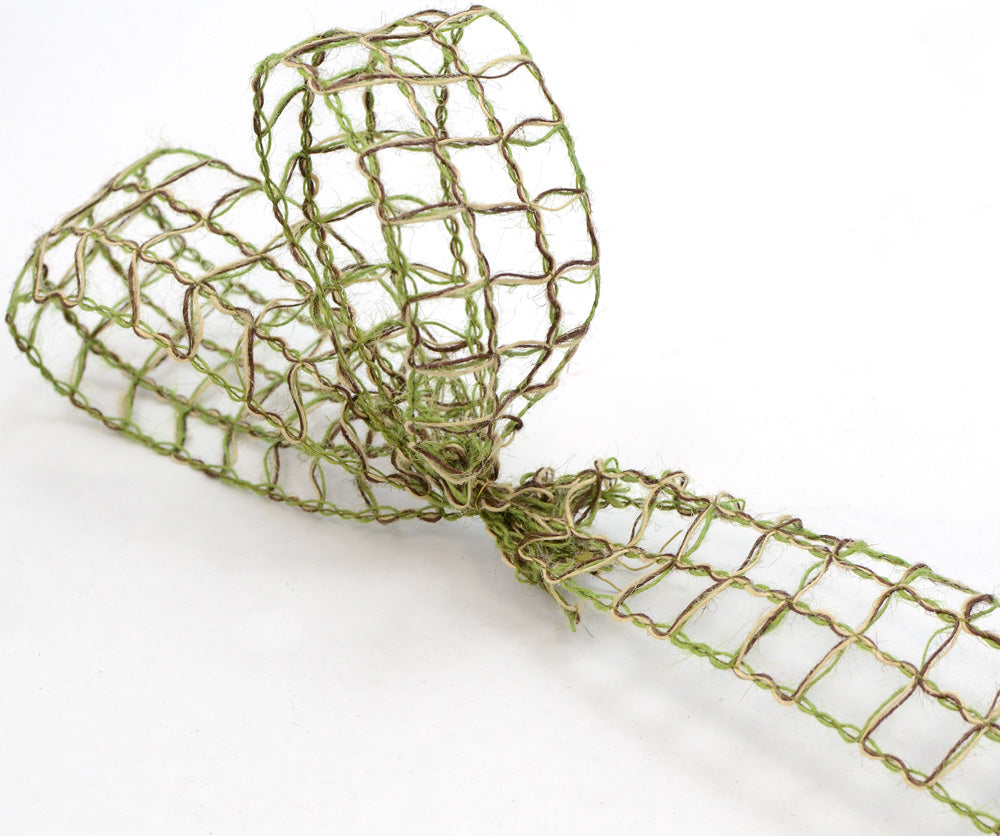2.5" Jute Window Pane Mesh Ribbon: Moss/Brown/Natural (10 Yards) detail photo 3