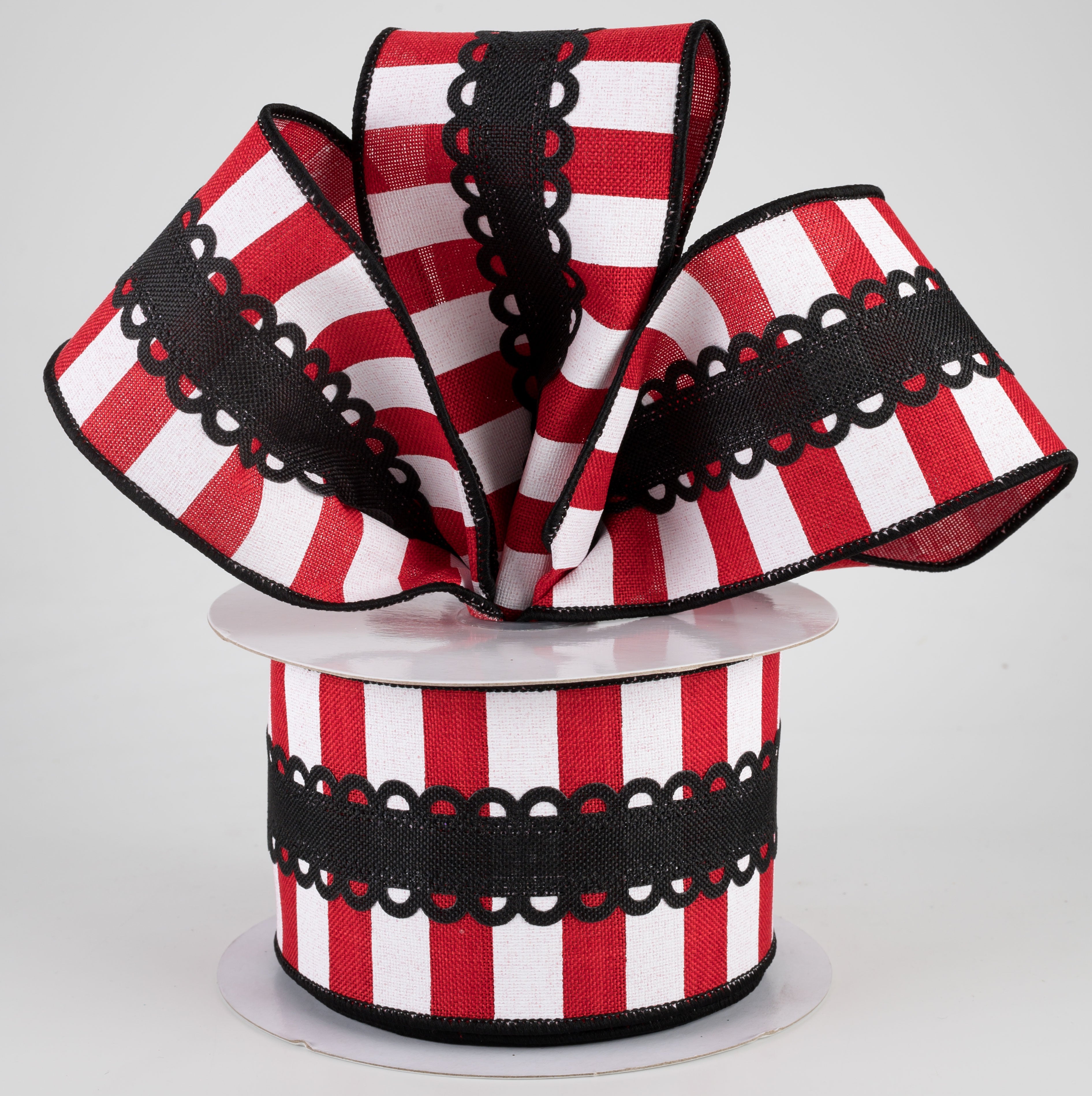 2.5" Lace On Horizontal Stripe Ribbon: Black, Red, White (10 Yards) Lifestyle Photo