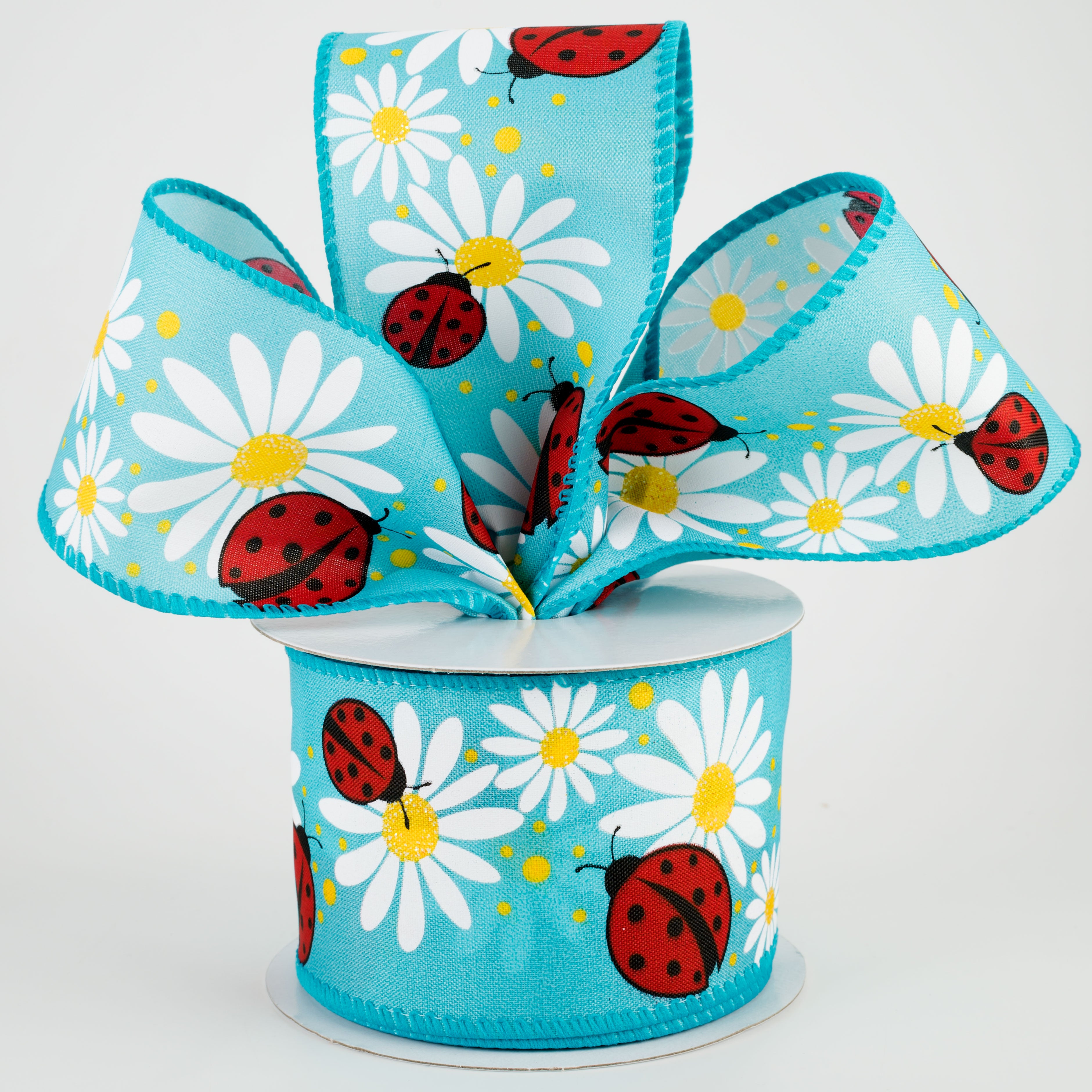 2.5" Ladybug & Daisies Ribbon: Turquoise (10 Yards) Lifestyle Photo