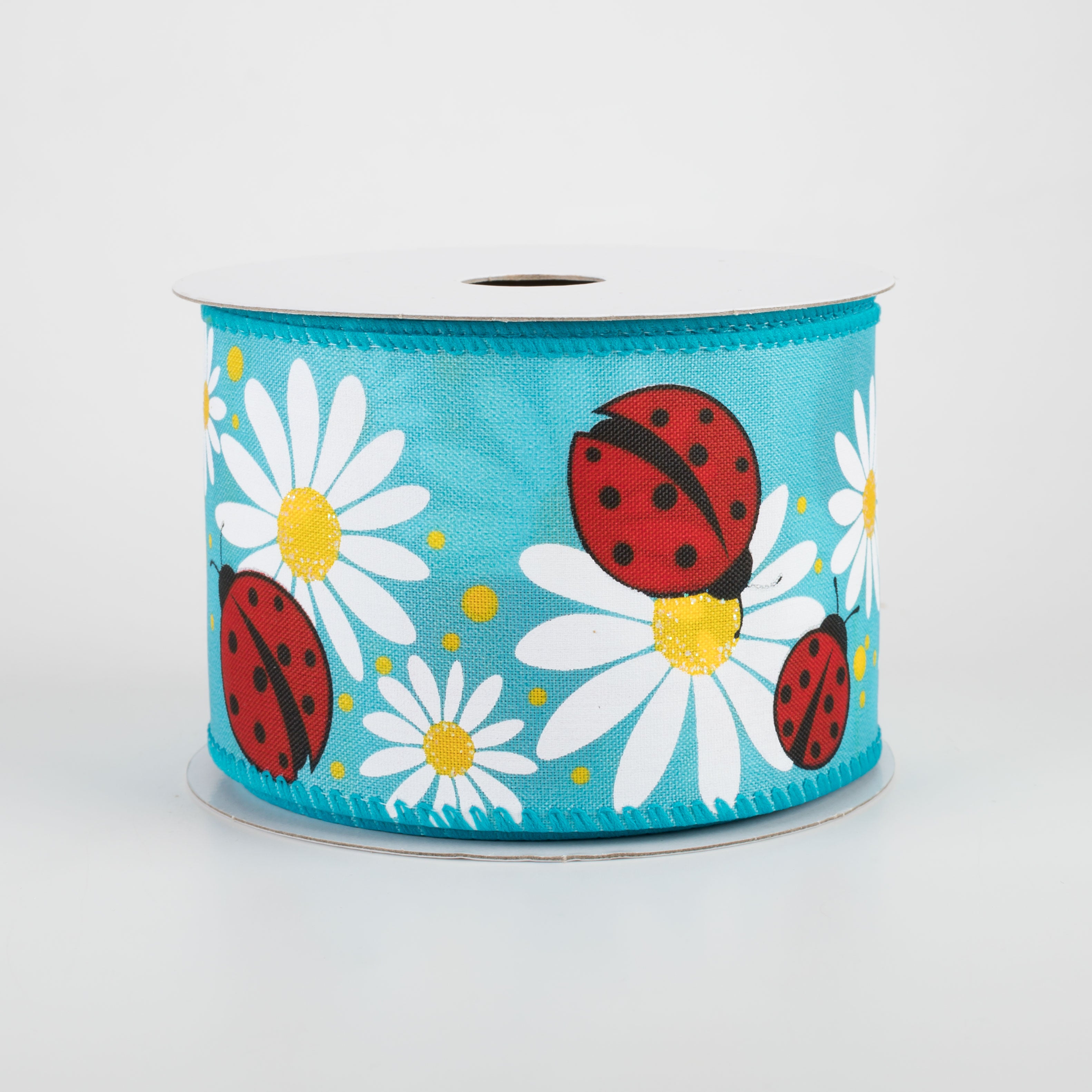 2.5" Ladybug & Daisies Ribbon: Turquoise (10 Yards)