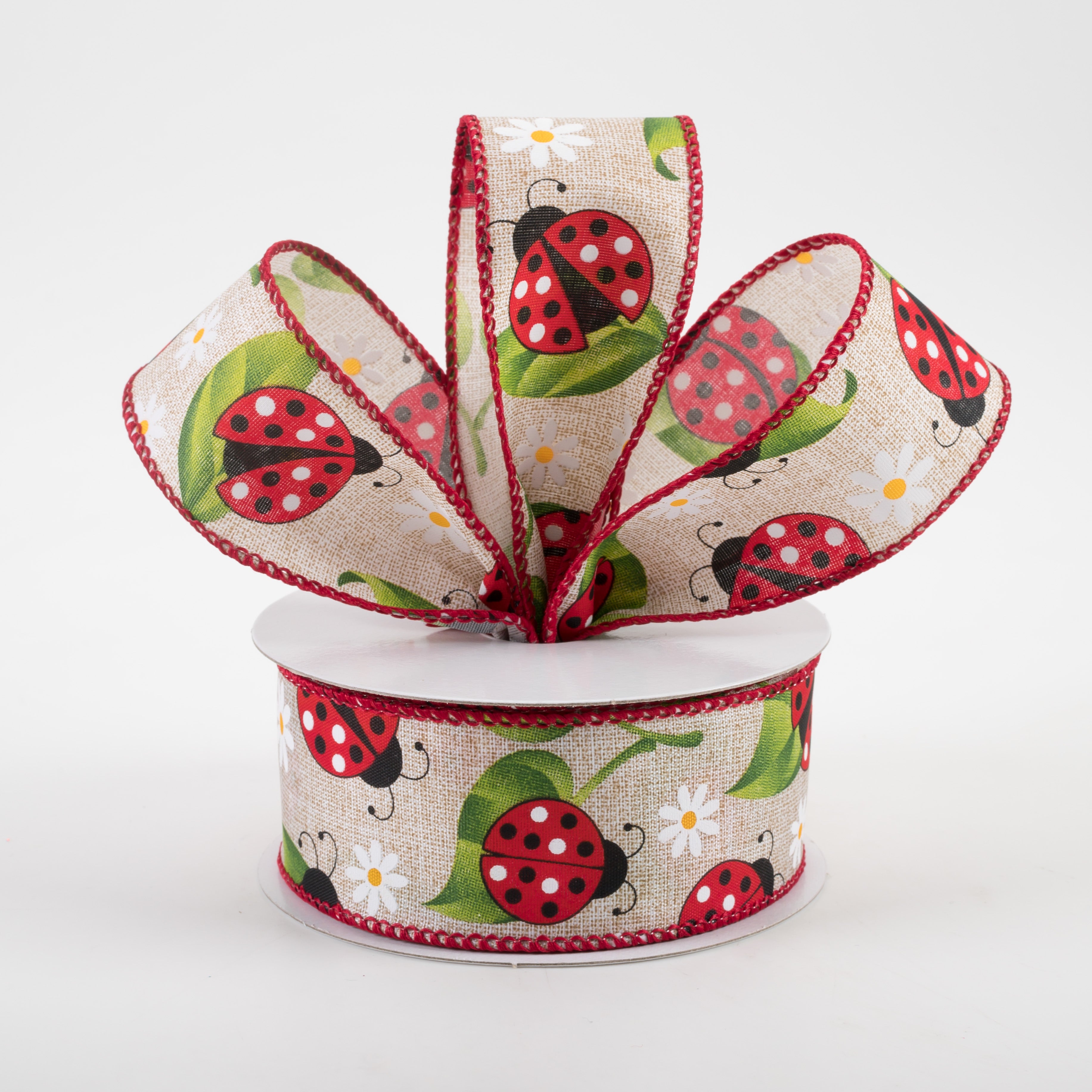 1.5" Ladybug Daisy Print Linen Ribbon: Natural (10 Yards) Lifestyle Photo