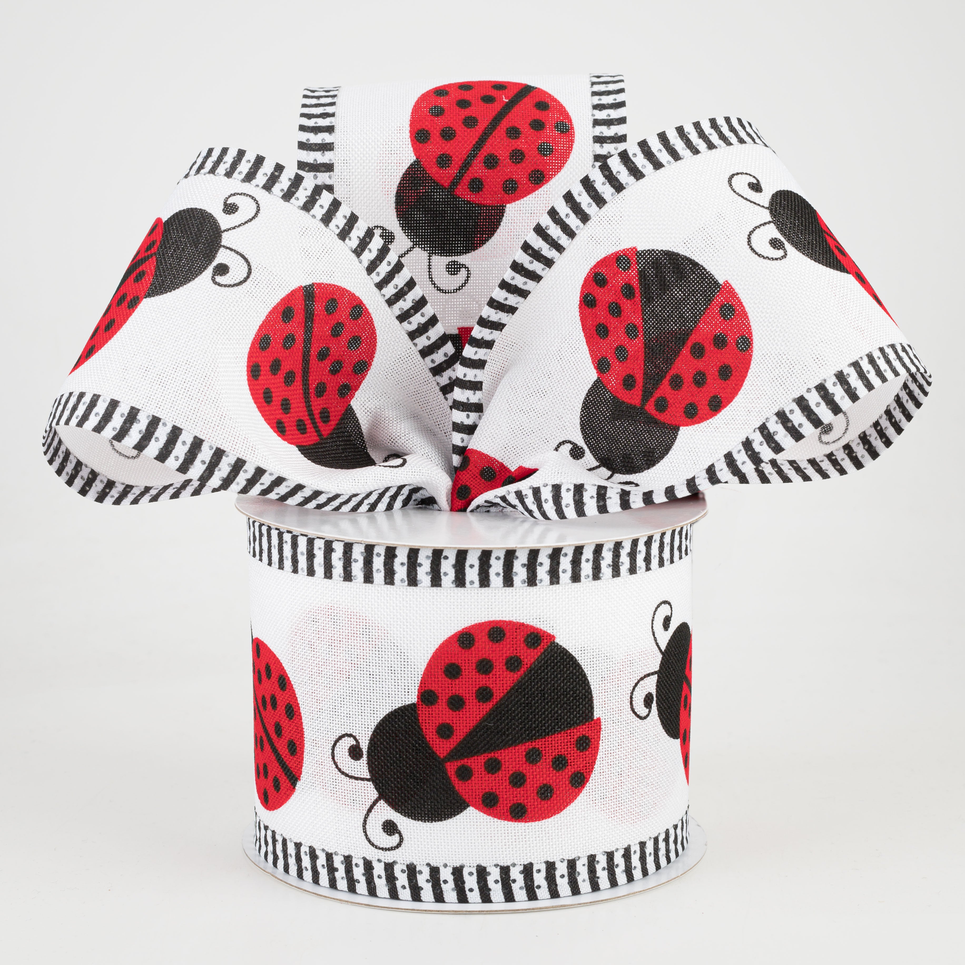 2.5" Ladybug Thin Stripe Edge Ribbon: Black, White, Red (10 Yards) Lifestyle Photo