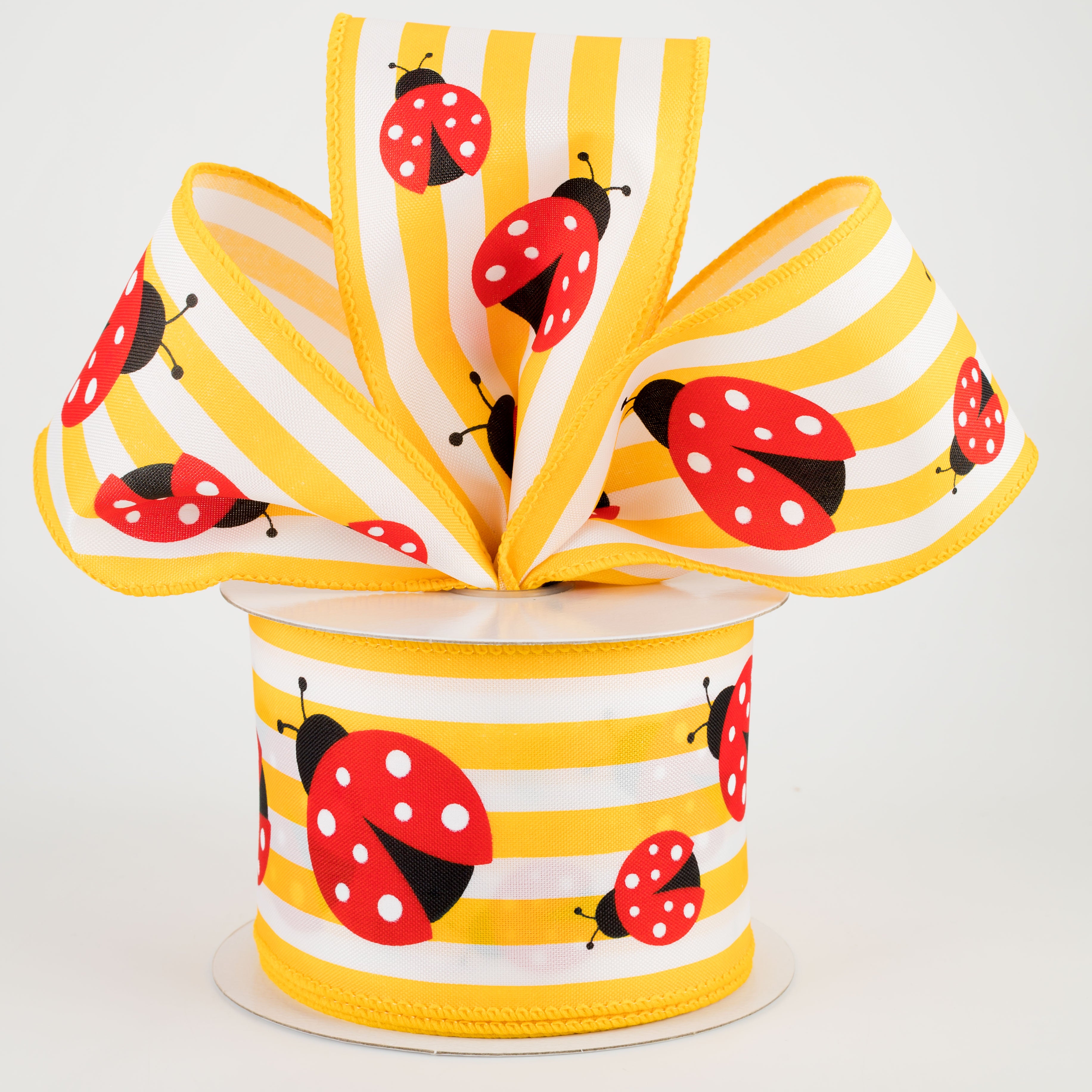 2.5" Ladybugs Cabana Stripe Ribbon: Yellow & White (10 Yards) Lifestyle Photo