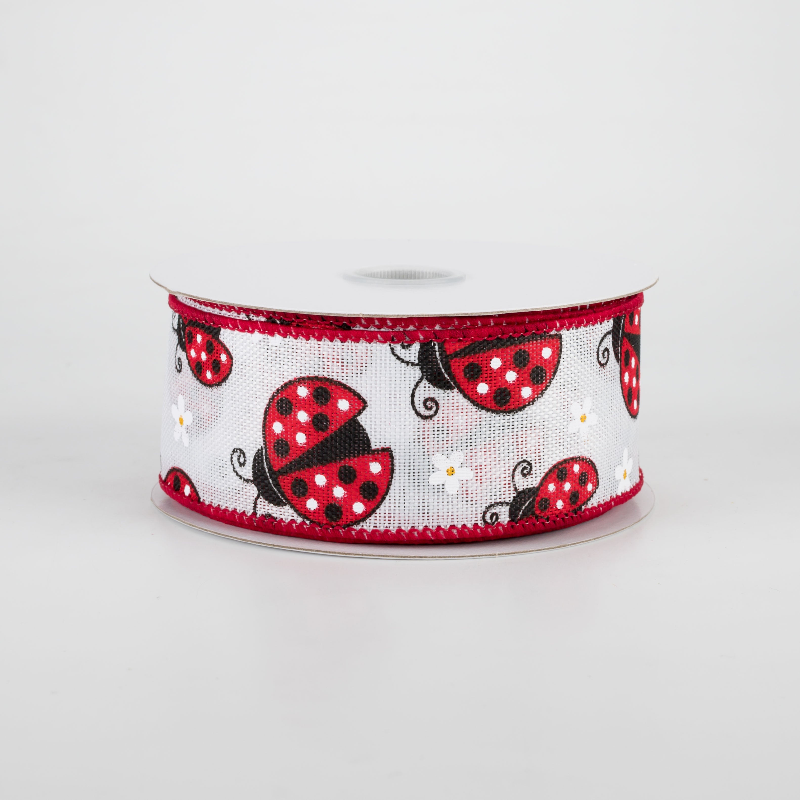 1.5" Ladybugs Daisies Ribbon: White (10 Yards)