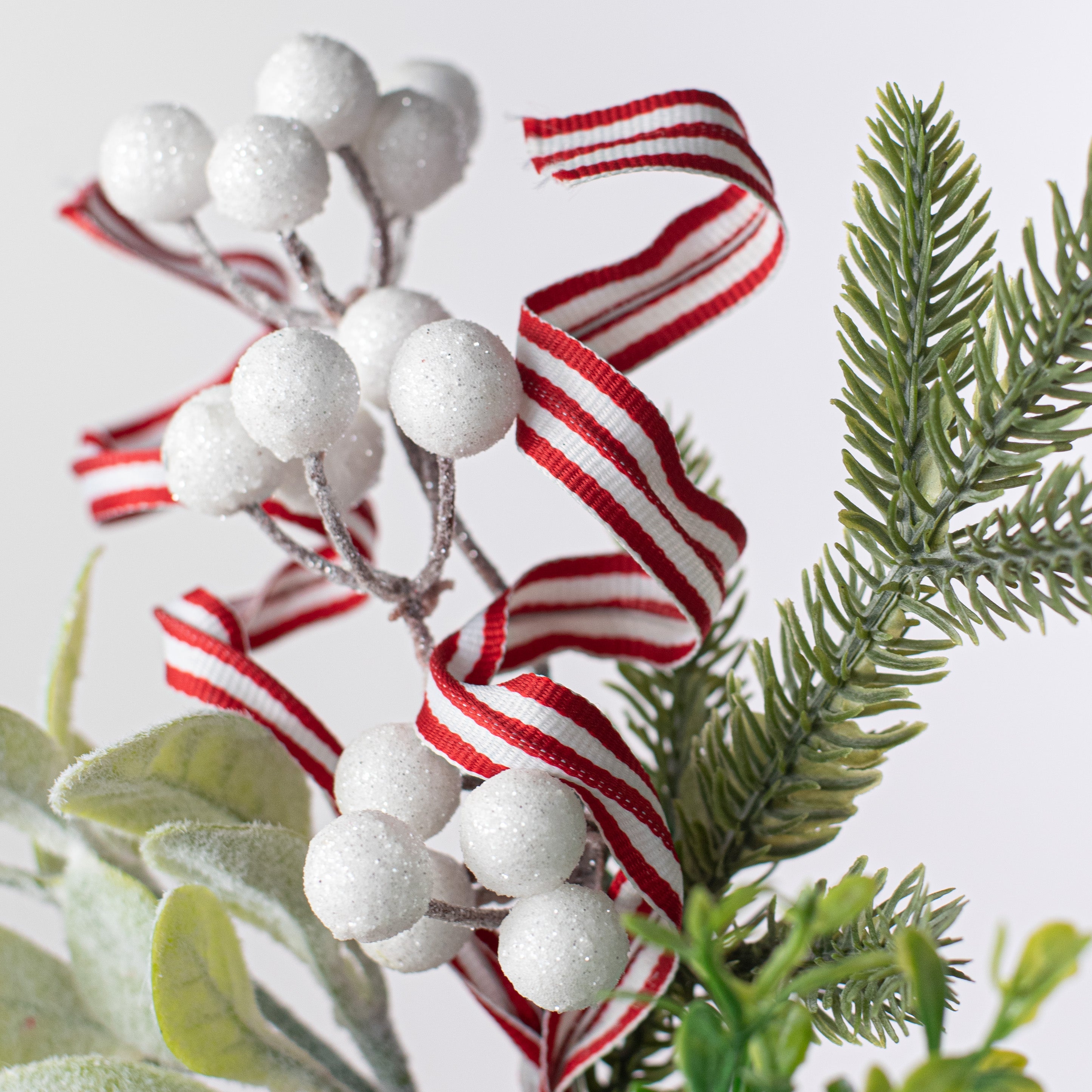 12" Lamb Ear Leaves, Mixed Pine, White Berry, Ribbon Pick Lifestyle Photo