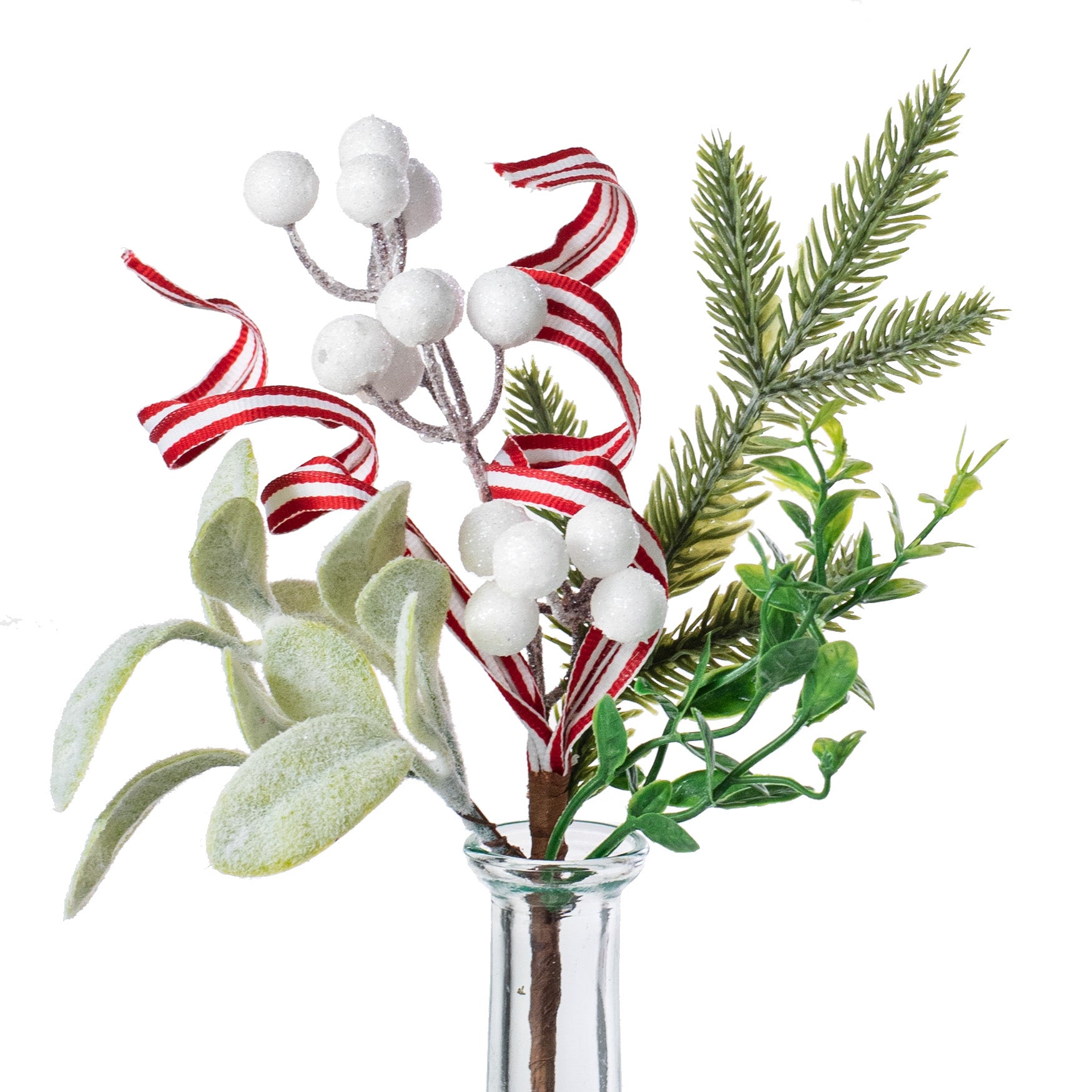 12" Lamb Ear Leaves, Mixed Pine, White Berry, Ribbon Pick Item Number: 30331