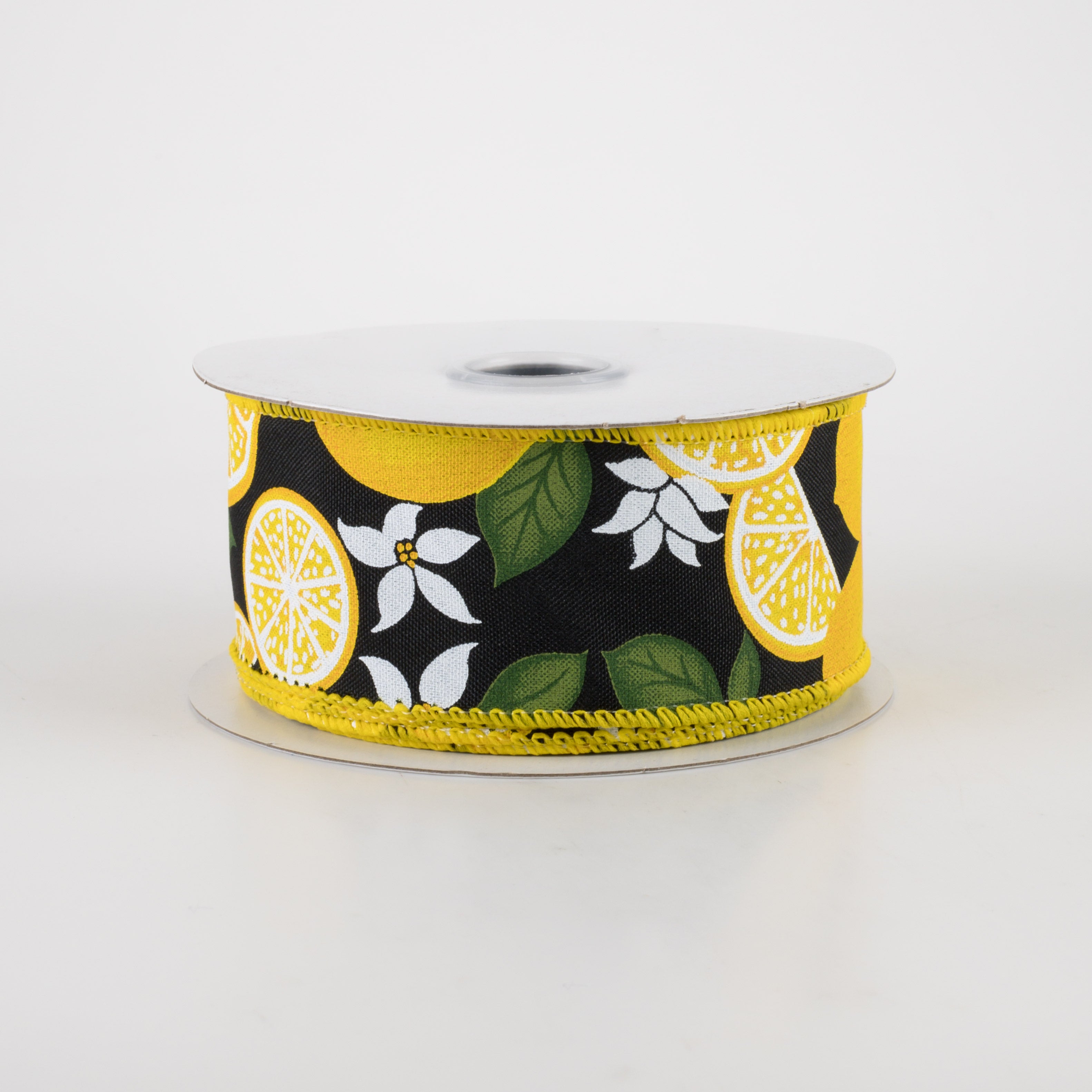 1.5" Lemon With Leaves Flower Ribbon: Black (10 Yards)