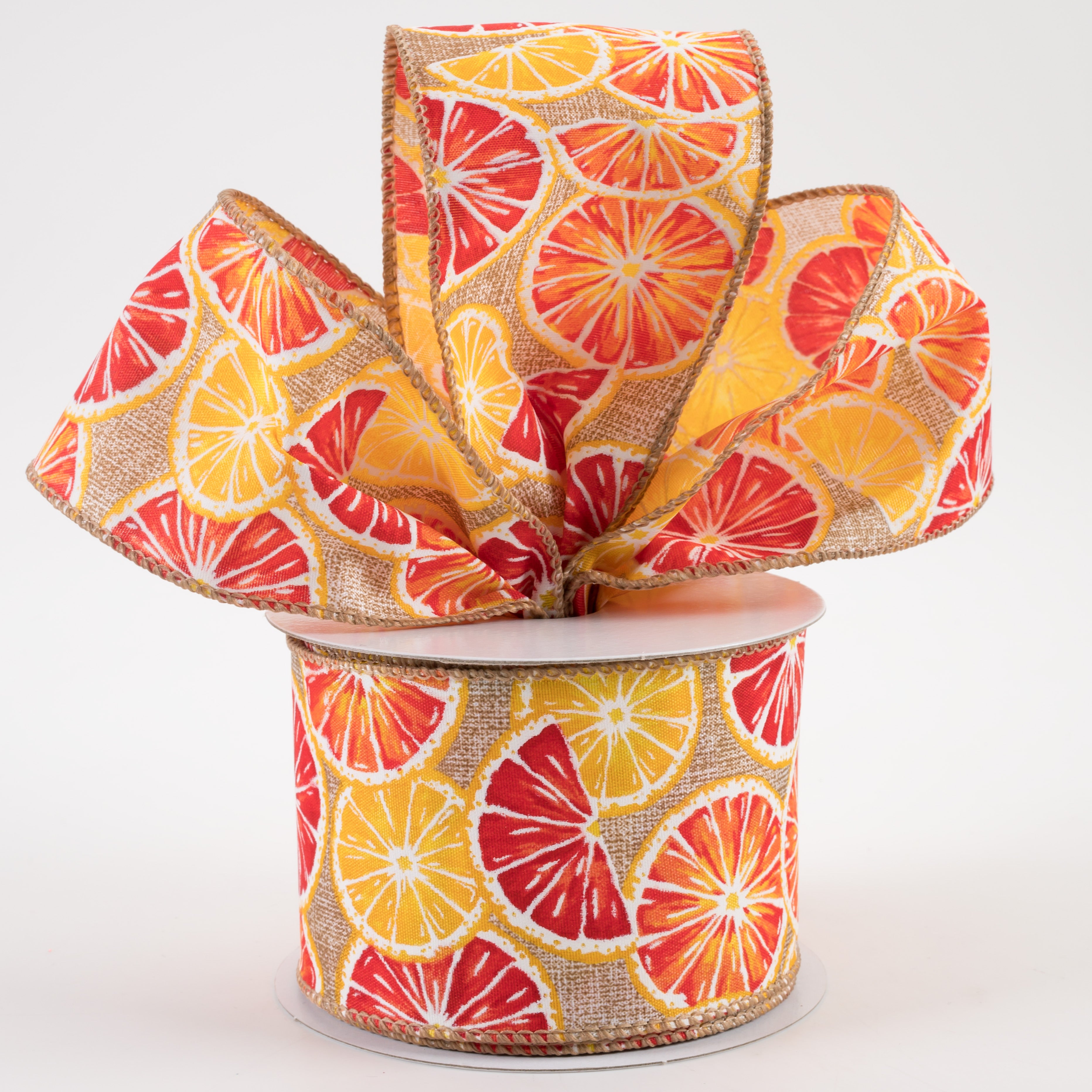 2.5" Lemons & Oranges Linen Ribbon: Natural (10 Yards) Lifestyle Photo