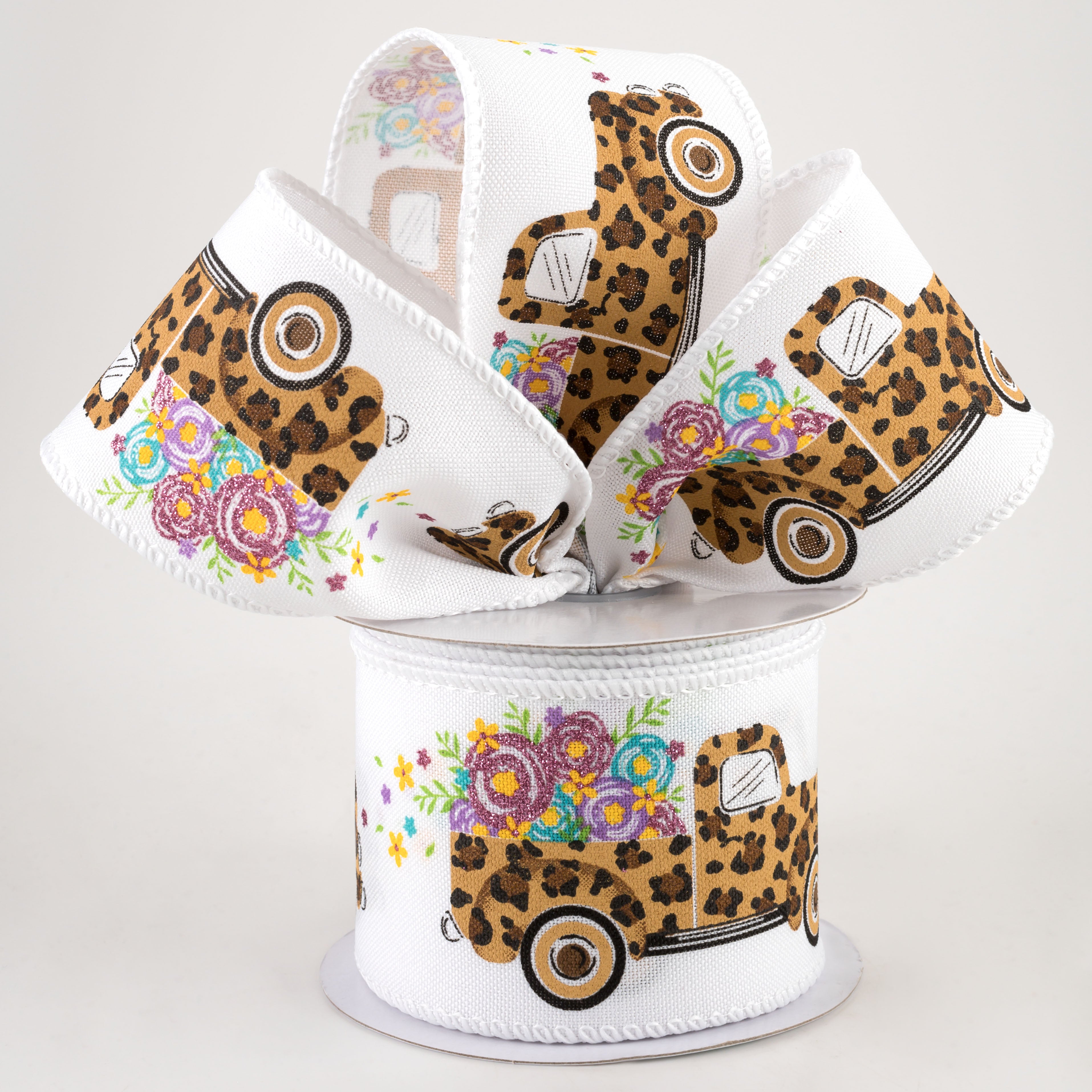 2.5" Leopard Flower Truck Ribbon: White (10 Yards) Lifestyle Photo