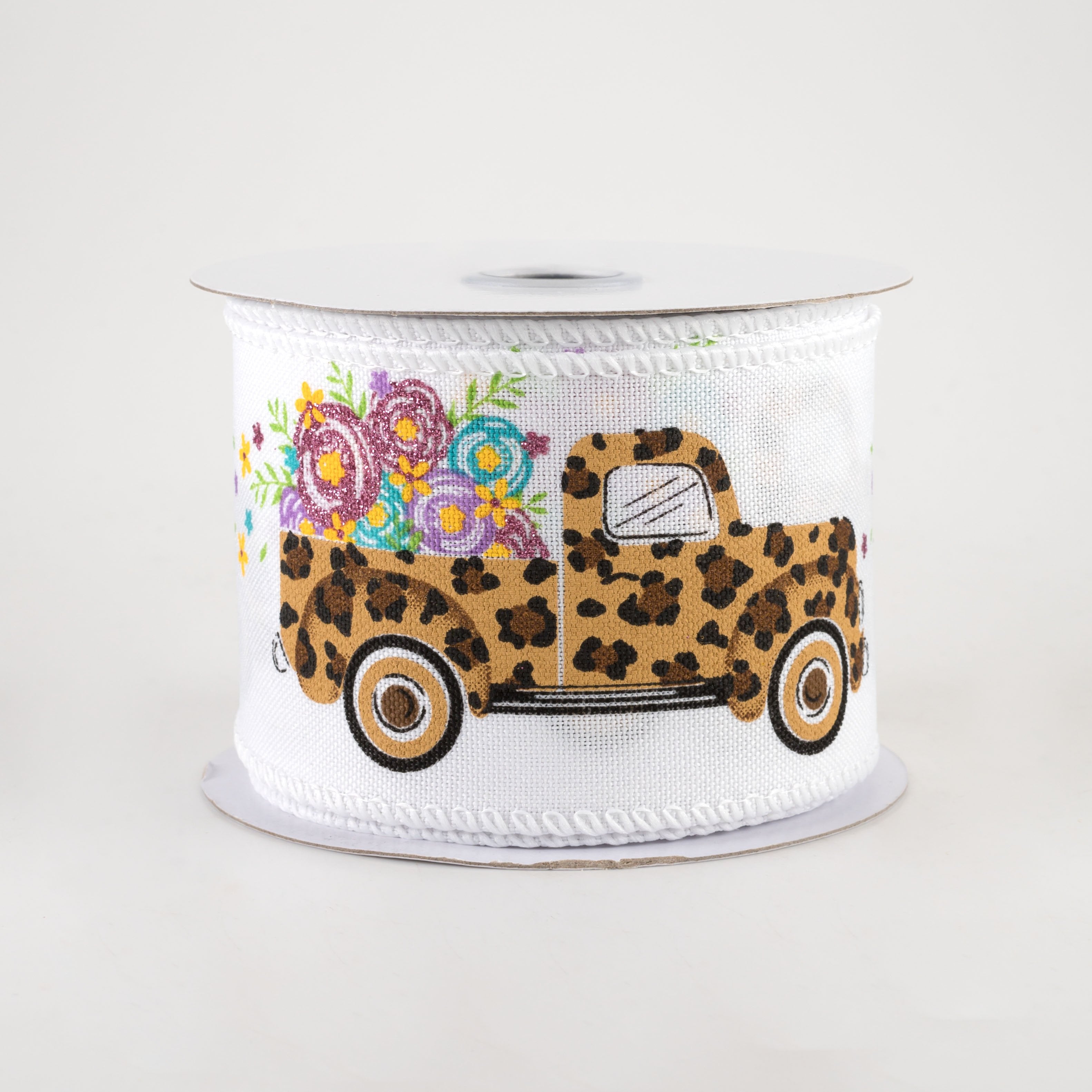 2.5" Leopard Flower Truck Ribbon: White (10 Yards)