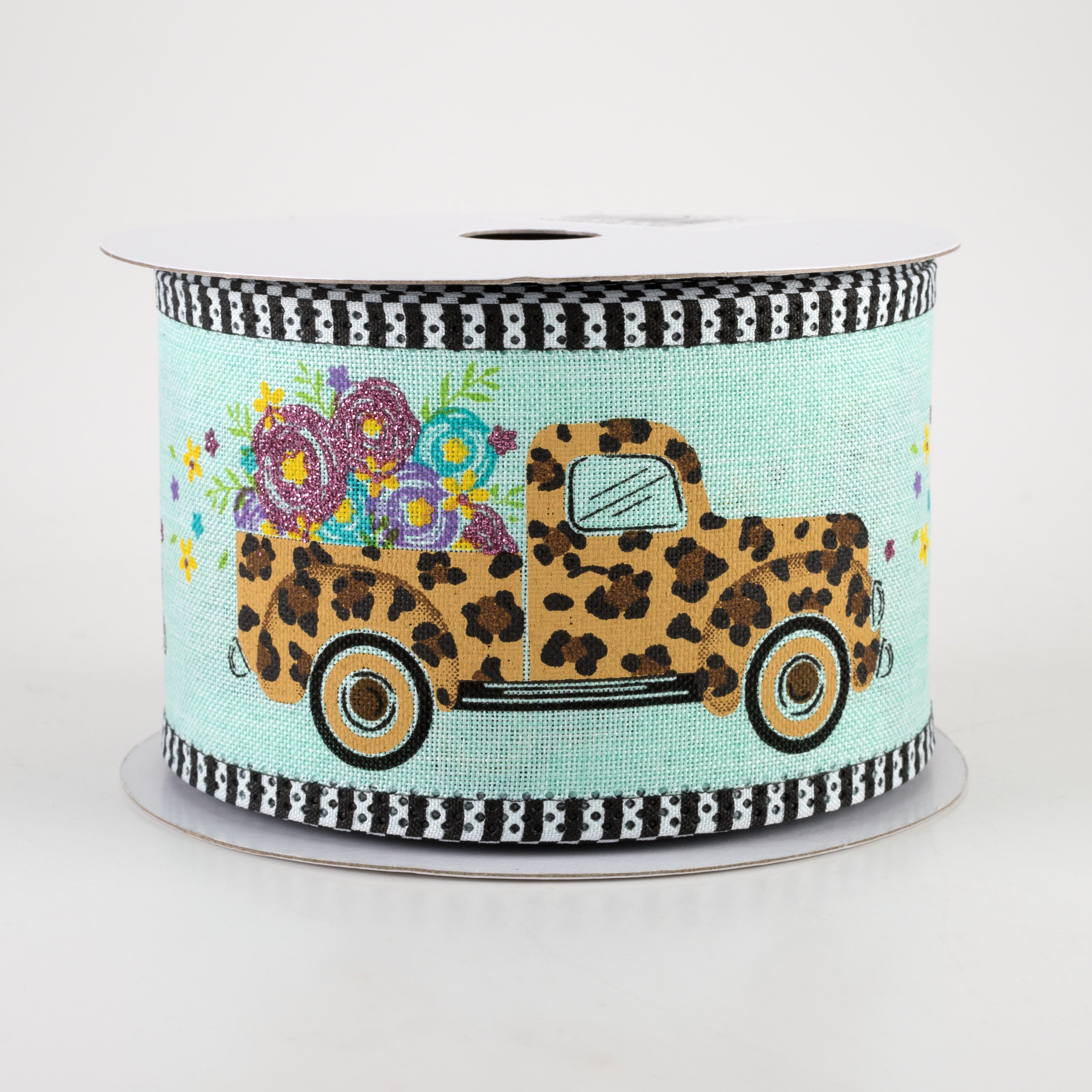 2.75" Leopard Flower Truck Stripe Edge Ribbon: Mint (10 Yards)