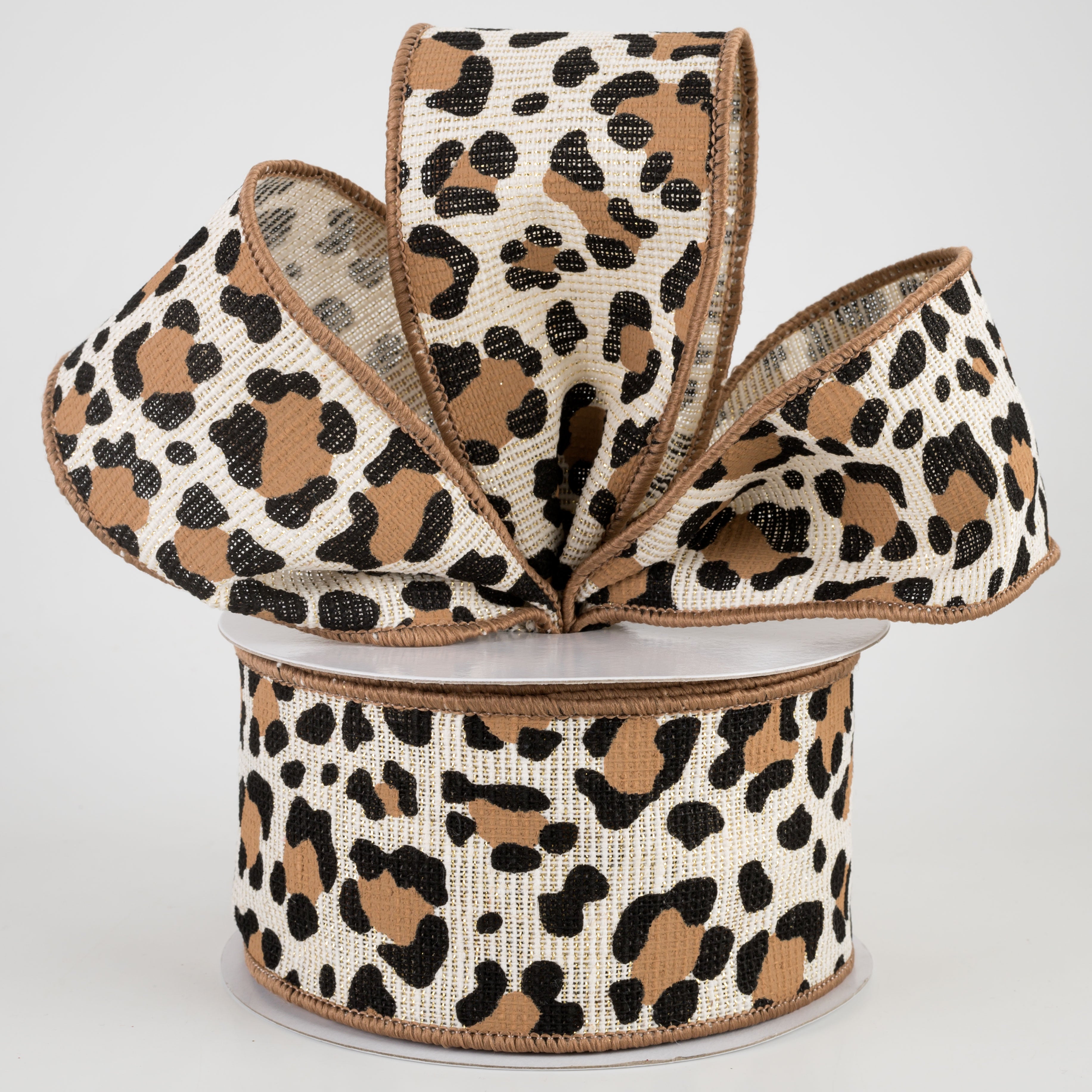 2.5" Leopard Print Cotton & Metallic Ribbon: Ivory, Gold, Black, Brown (10 Yards) Lifestyle Photo