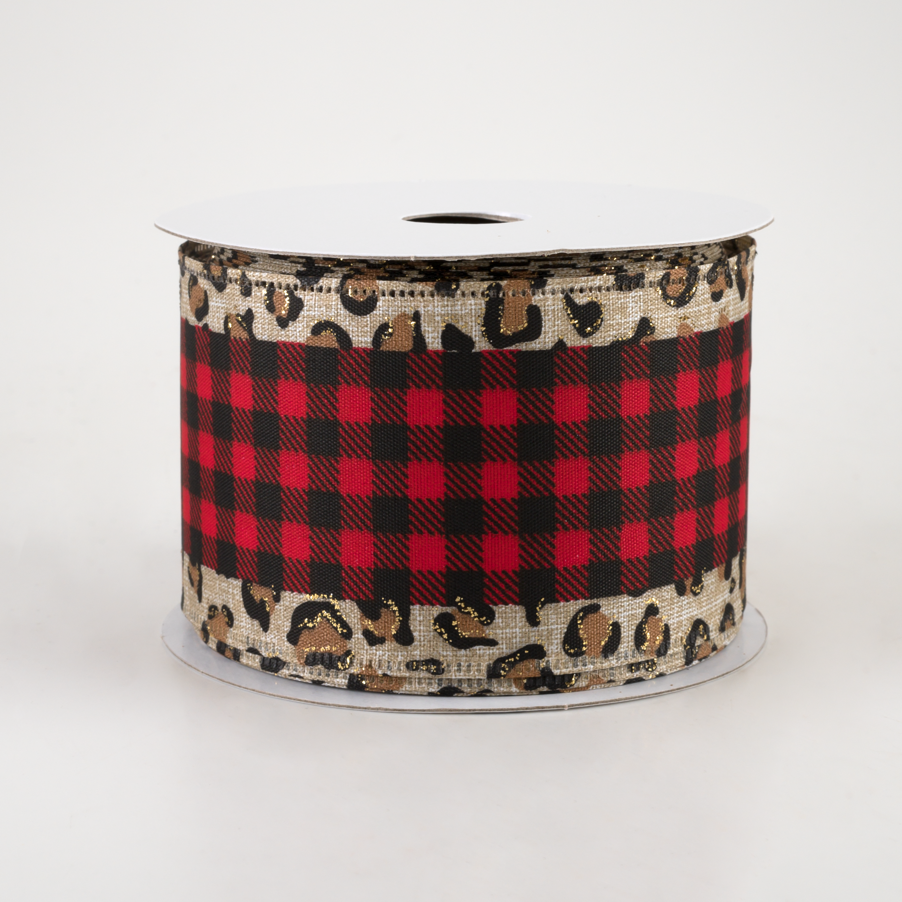2.5" Leopard Print Edge Ribbon: Black & Red Buffalo Plaid (10 Yards) Item Number: 65202-40-13