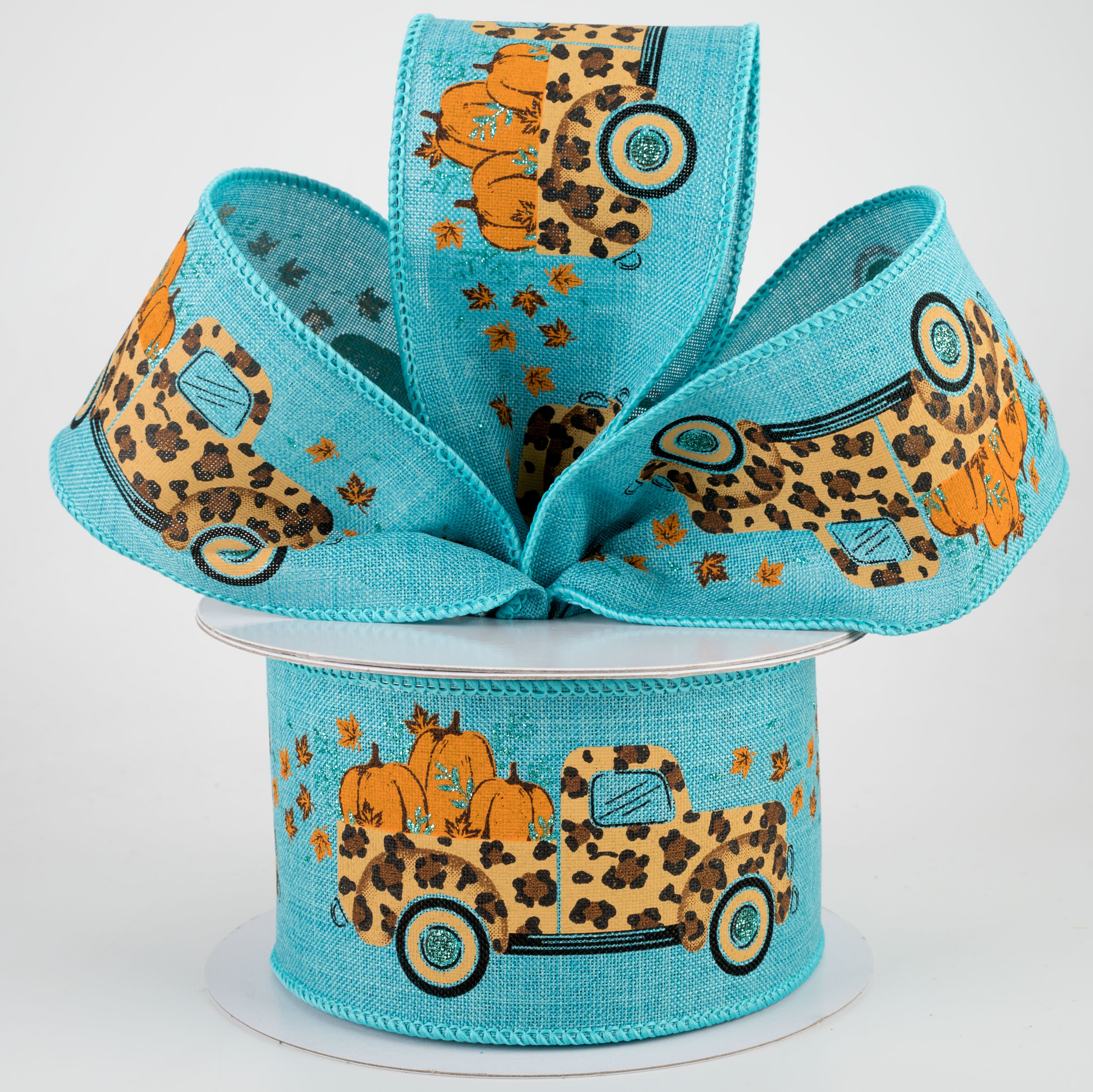 2.5" Leopard Truck With Pumpkins Ribbon: Teal (10 Yards) Lifestyle Photo
