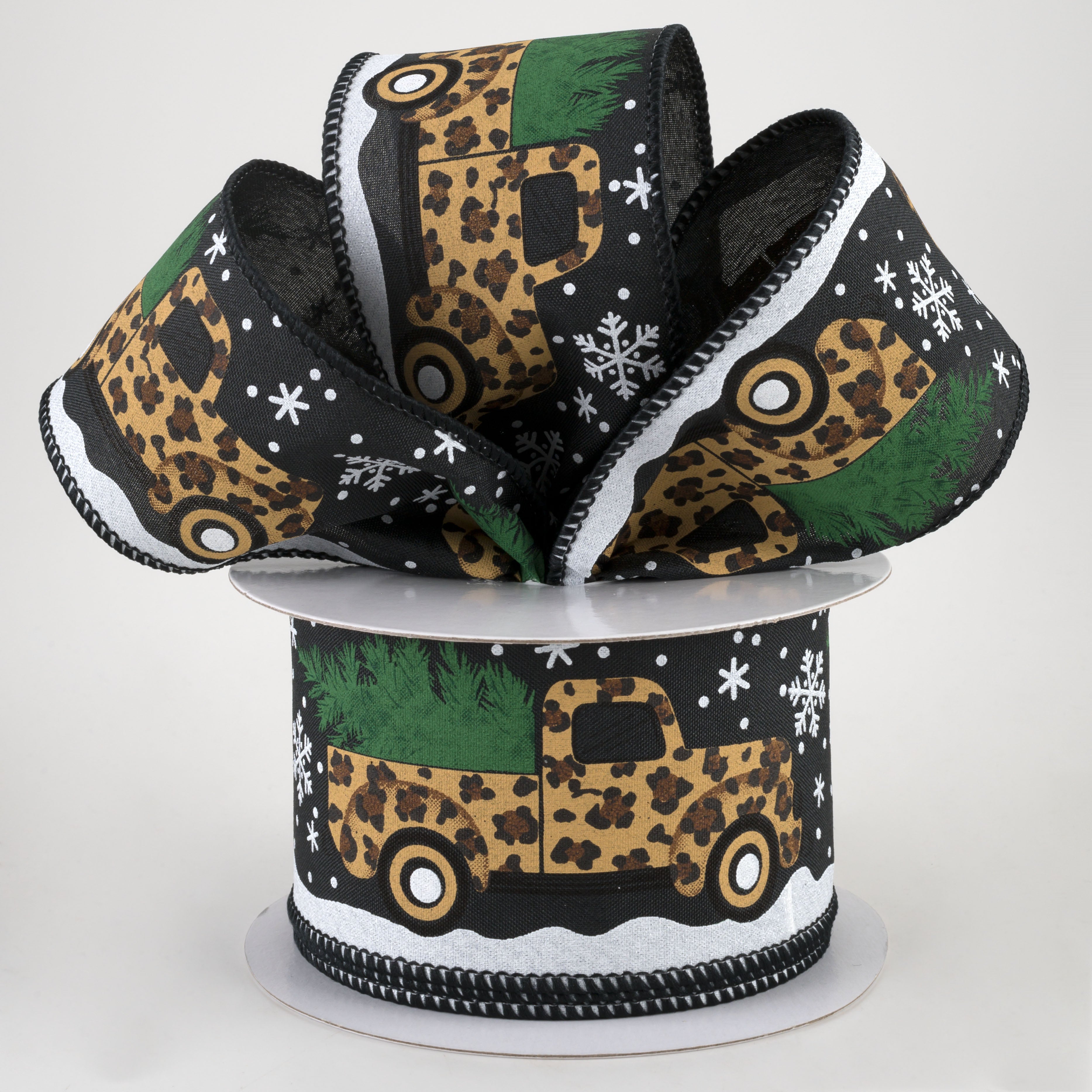 2.5" Leopard Truck With Tree Ribbon: Black (10 Yards) Lifestyle Photo