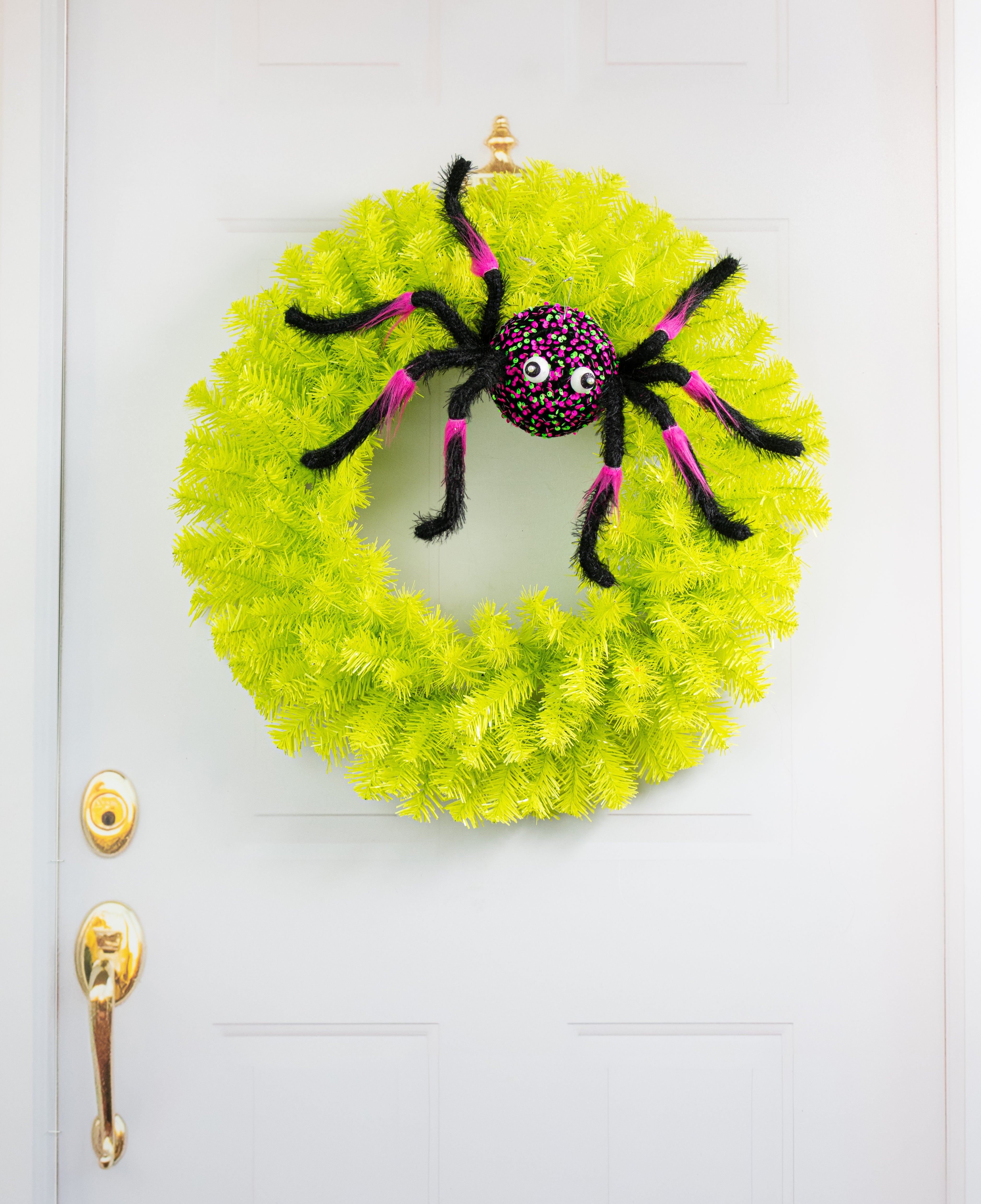 Neon Sequin Fuzzy Spider Ornament: Pink & Green