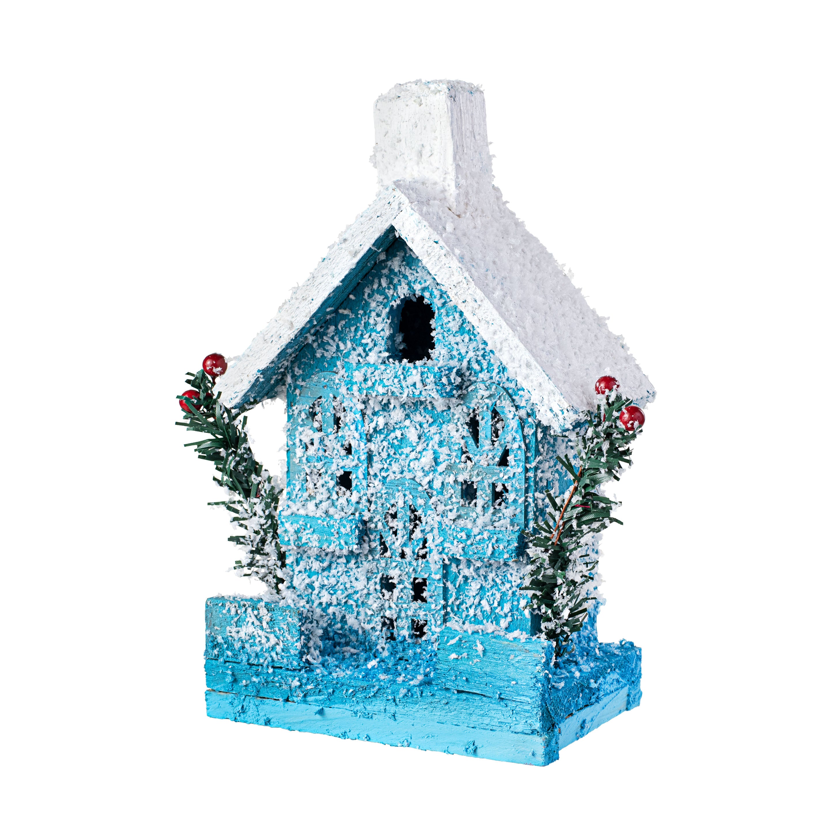 9" Light-Up Snowy Wooden House: Blue Item Number: 84427BLWT
