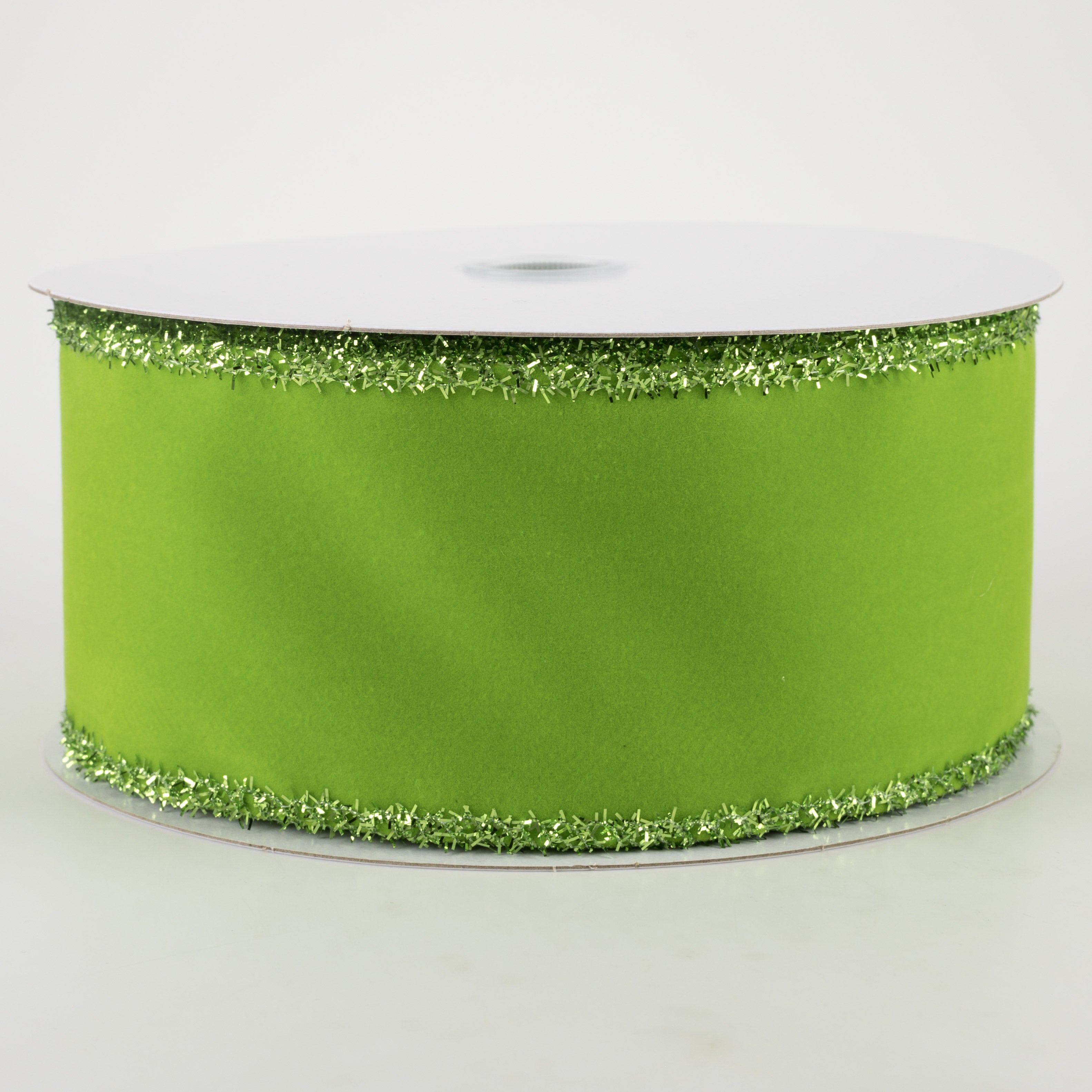 2.5" Lime Velvet Green Tinsel Edge Ribbon (10 Yards)