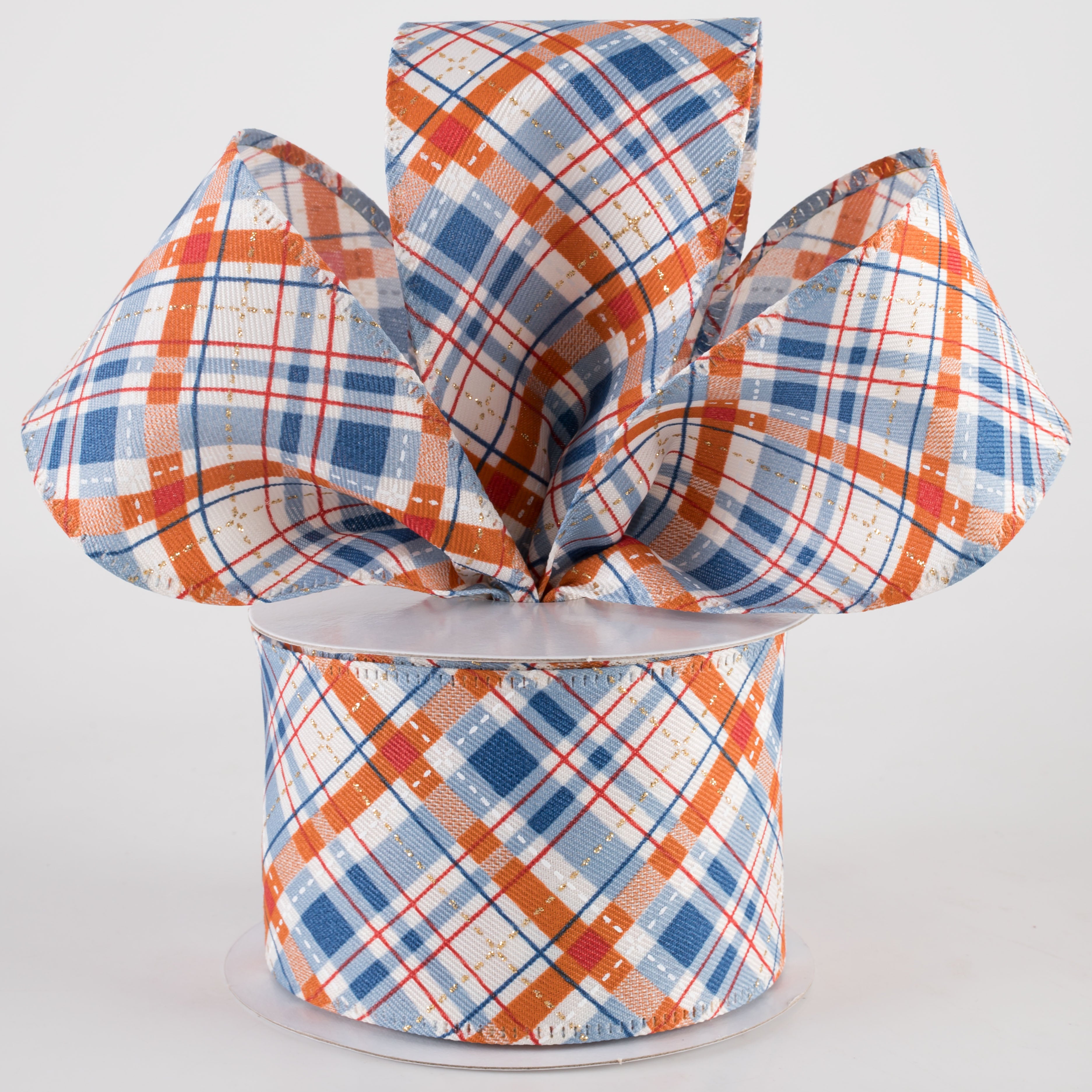 2.5" Linen Argyle Plaid Ribbon: Rust Orange & Blue on Ivory (10 Yards) Lifestyle Photo