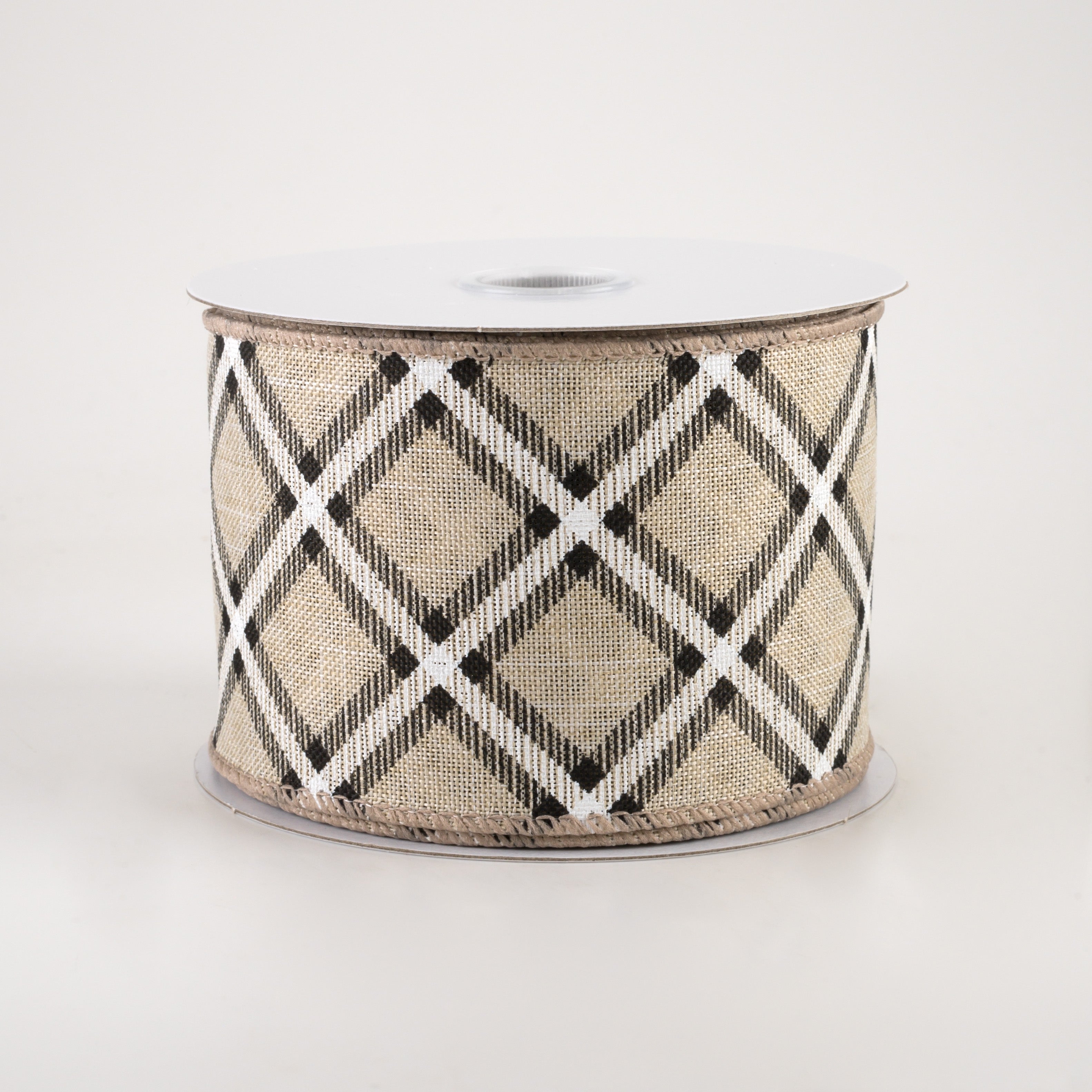 2.5" Linen Asher Plaid Ribbon: Light Natural, Black & White (10 Yards)