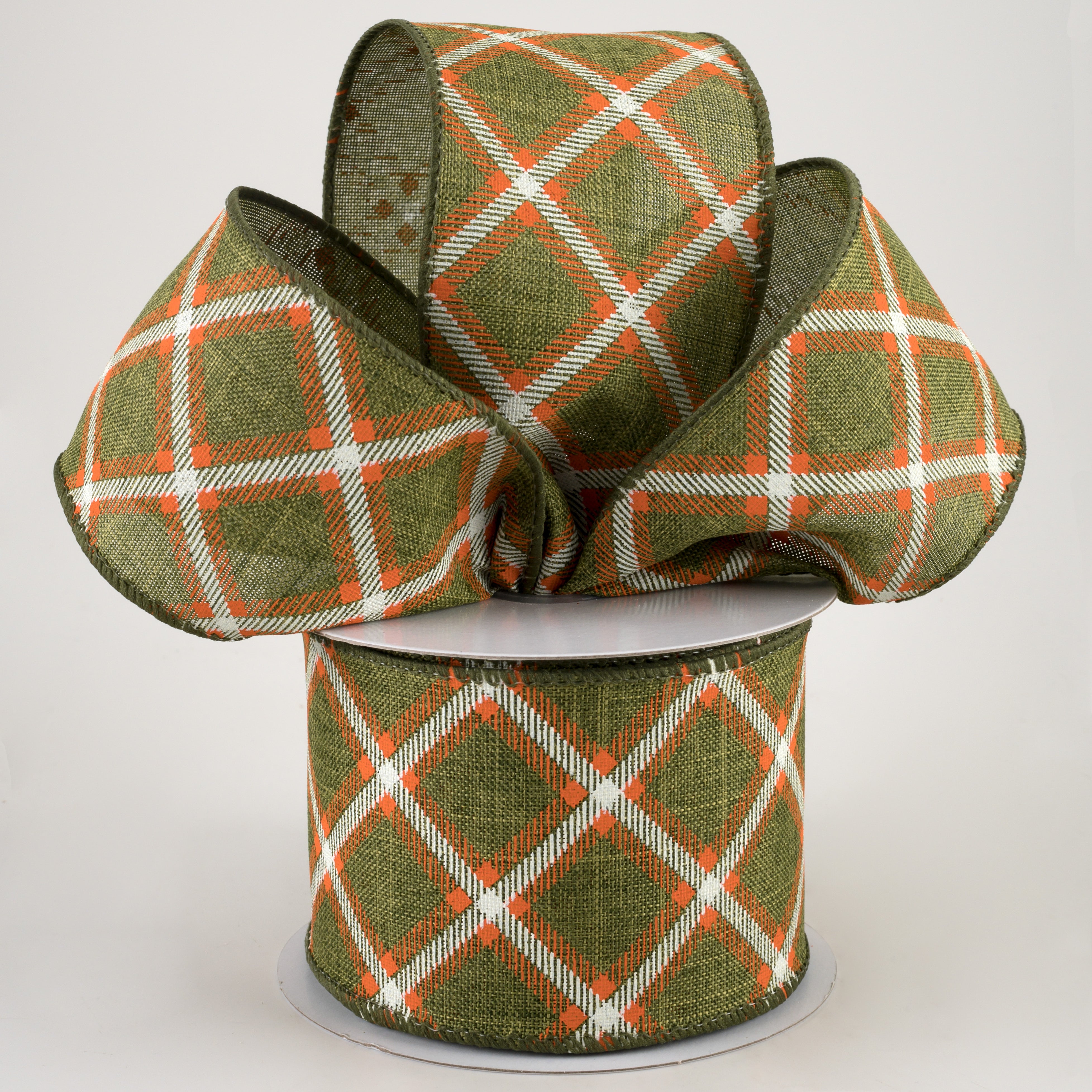 2.5" Linen Asher Plaid Ribbon: Moss, Orange & White (10 Yards) Lifestyle Photo