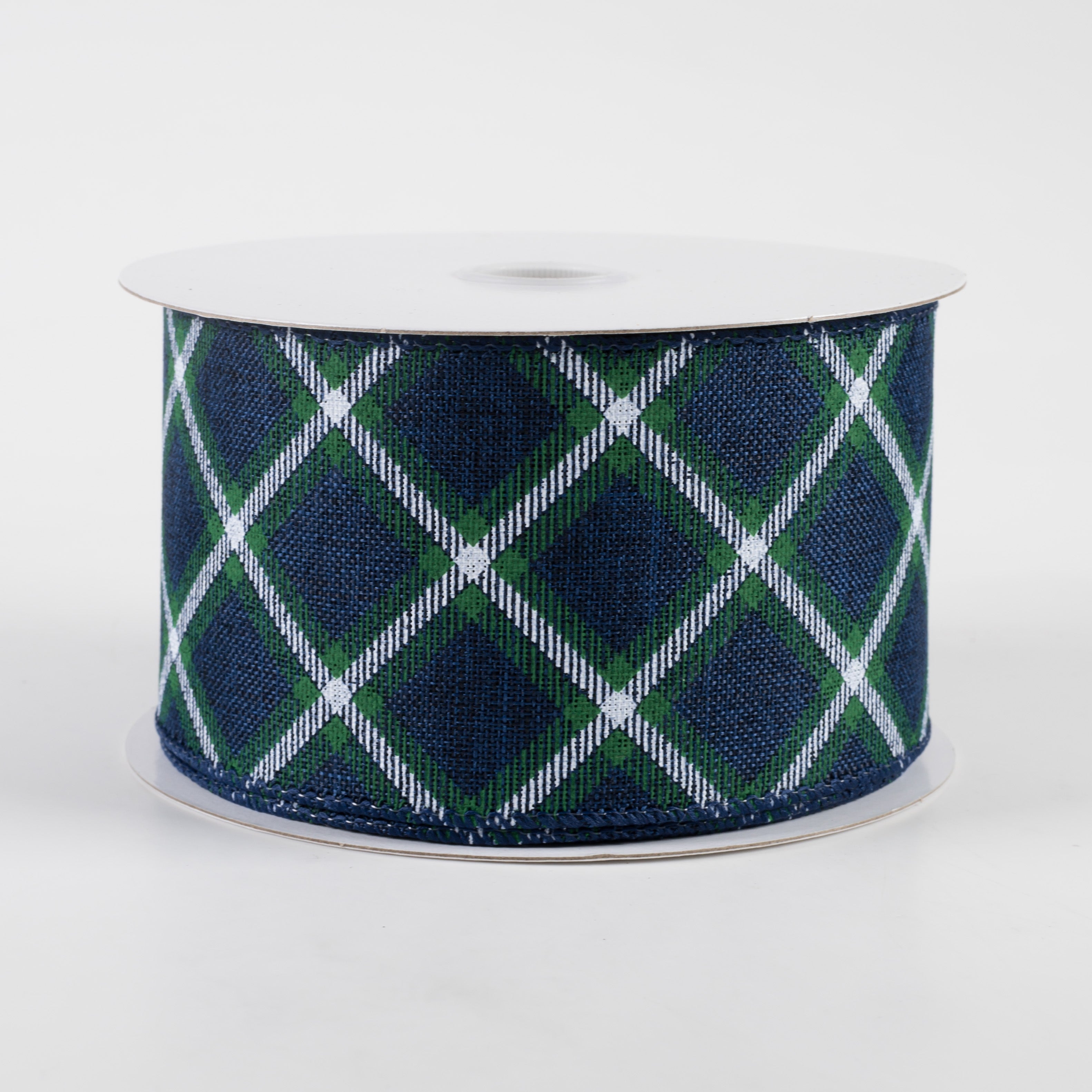 2.5" Linen Asher Plaid Ribbon: Navy, White, Green (10 Yards) Item Number: 71239-40-27