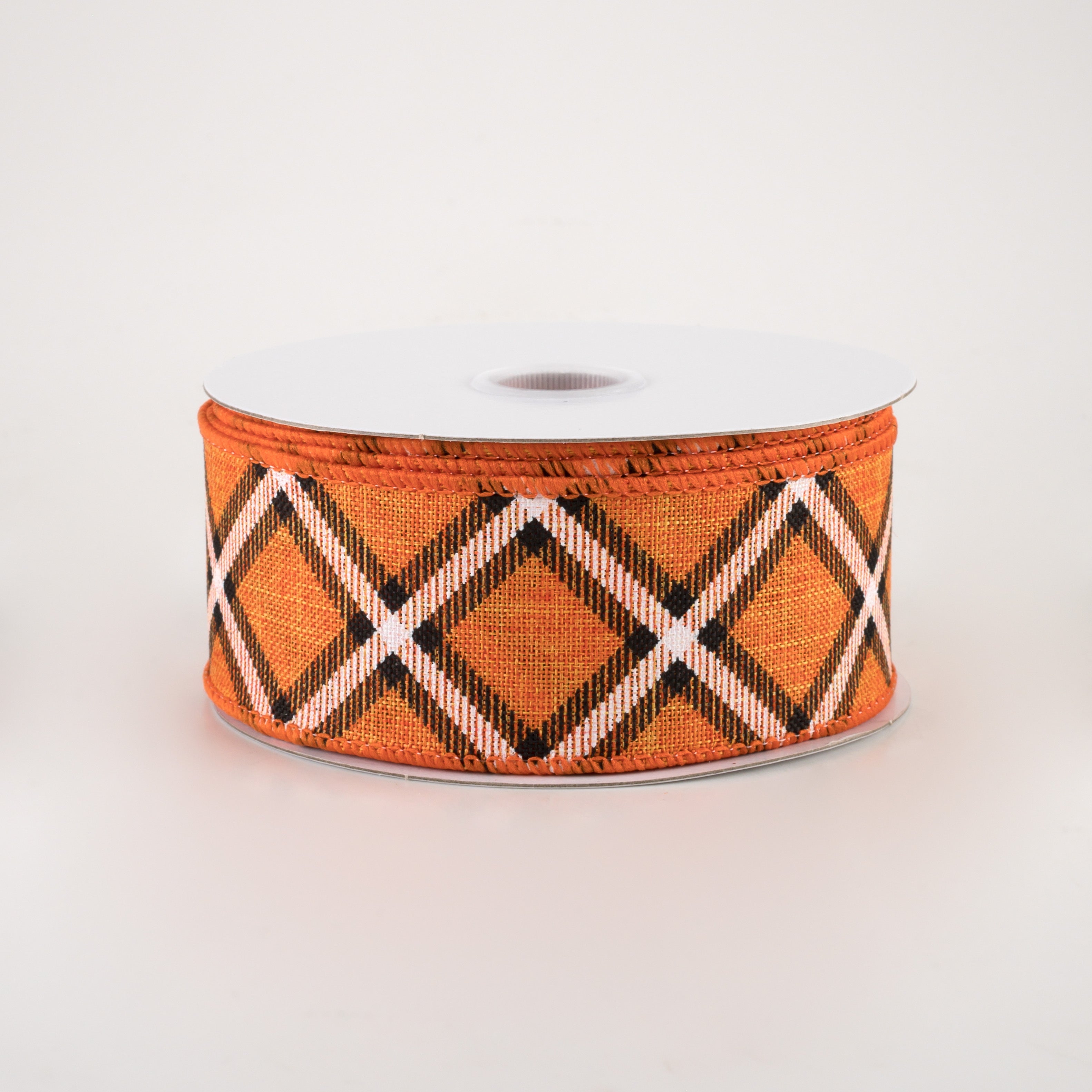 1.5" Linen Asher Plaid Ribbon: Orange, Black & White (10 Yards)