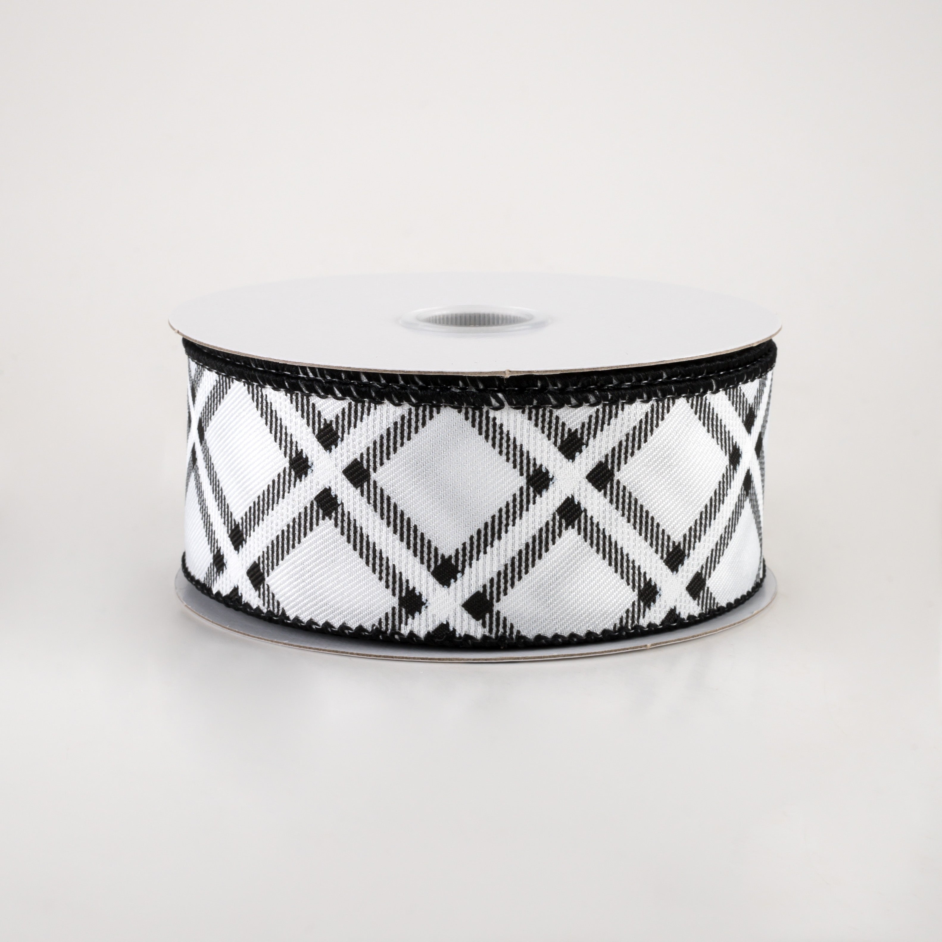 1.5" Linen Asher Plaid Ribbon: White & Black (10 Yards)