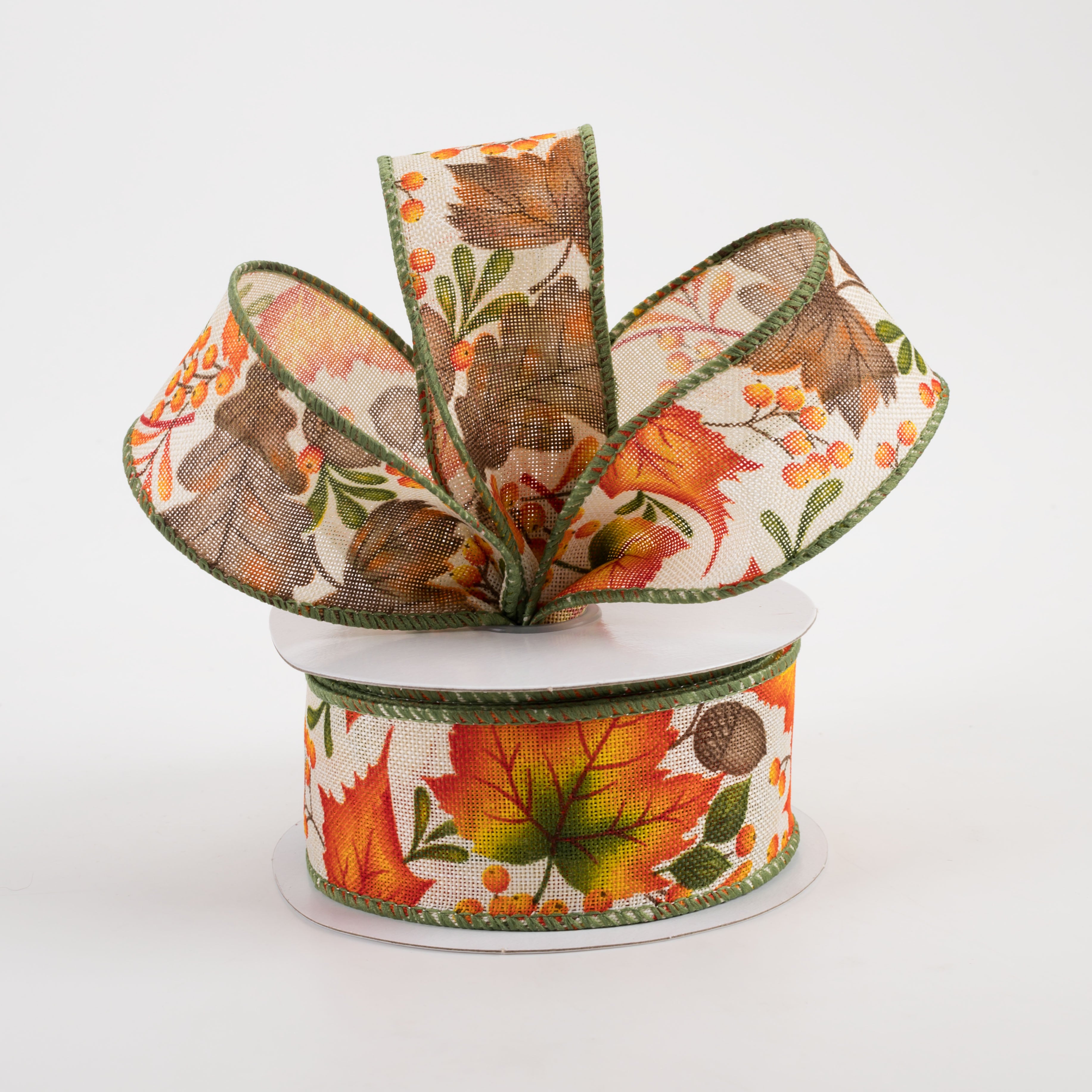 1.5" Linen Brown Fall Leaves Ribbon: Ivory (10 Yards) Lifestyle Photo