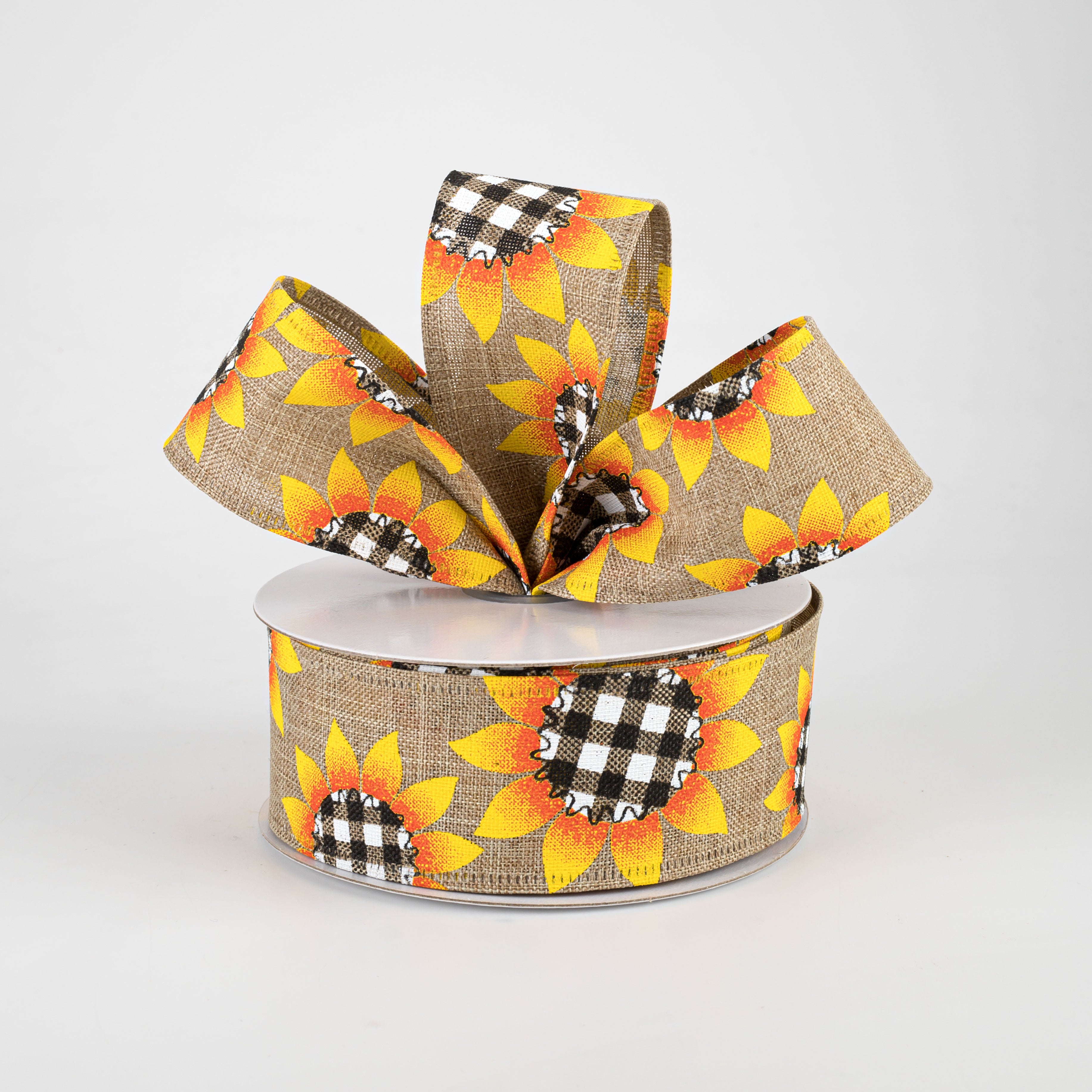 1.5" Linen Buffalo Plaid Sunflower Ribbon: Natural (10 Yards) Lifestyle Photo