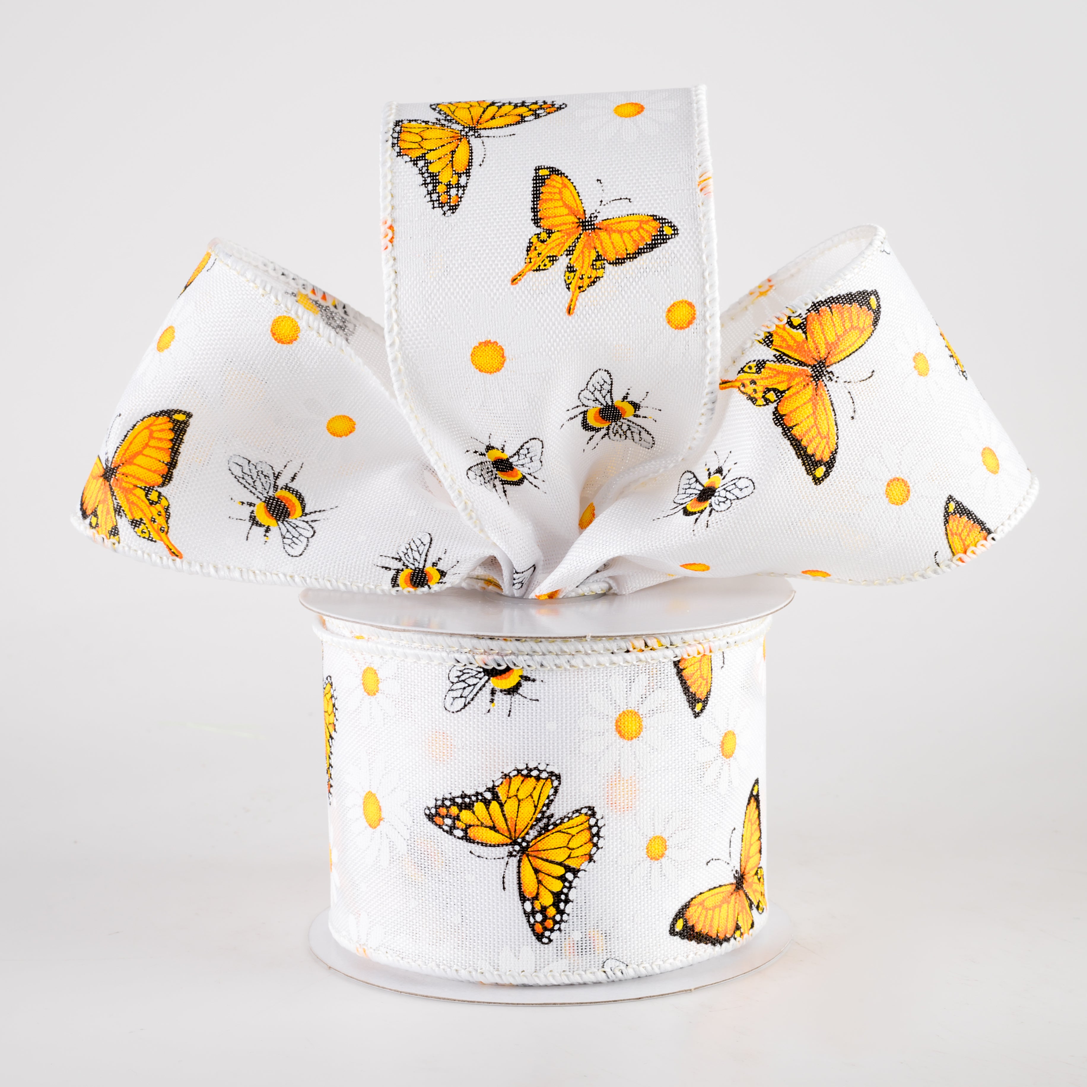 2.5" Linen Butterflies, Bees and Daisies Ribbon: White (10 Yards) Lifestyle Photo