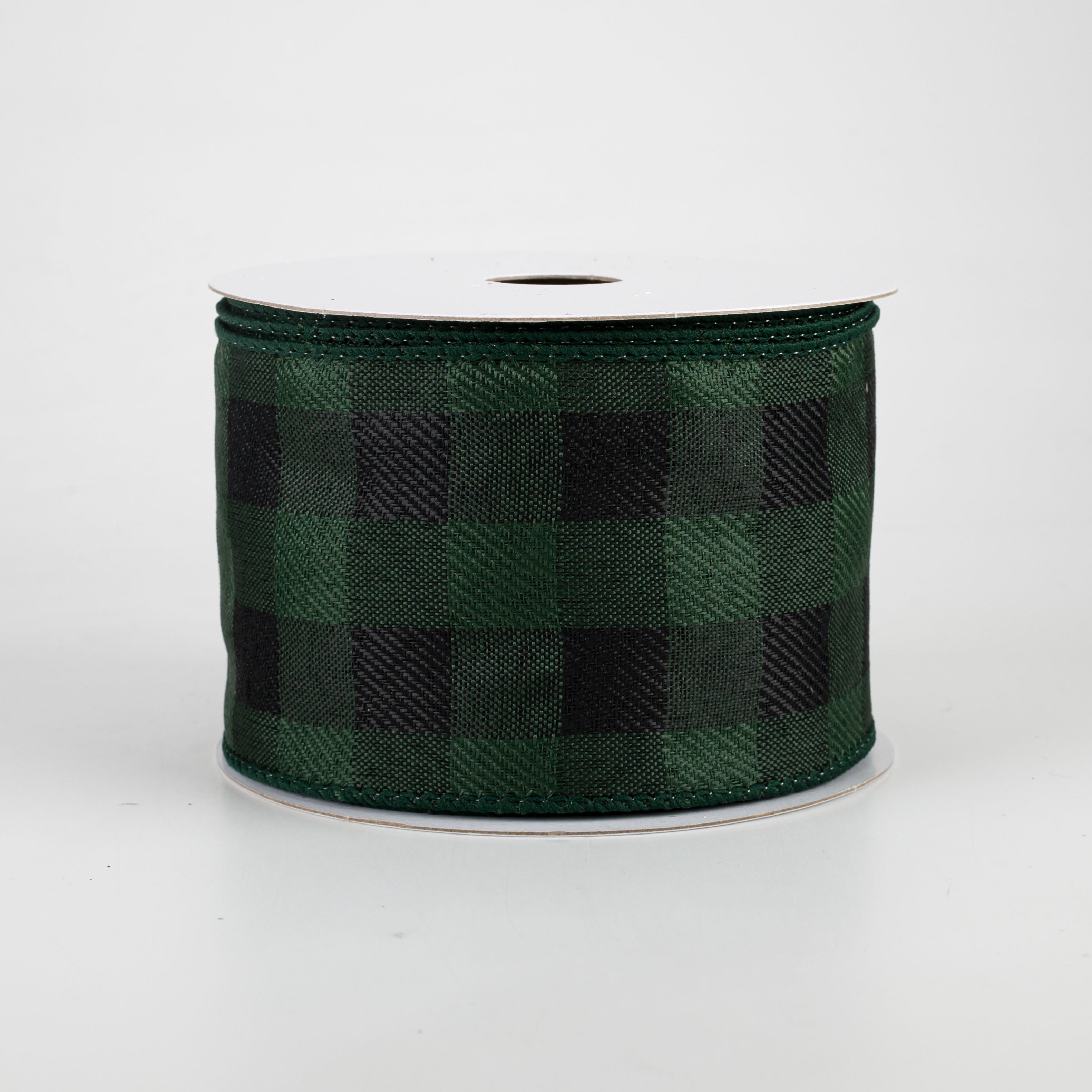 2.5" Linen Check Buffalo Plaid Ribbon: Emerald & Black (10 Yards) Item Number: 72021-40-17