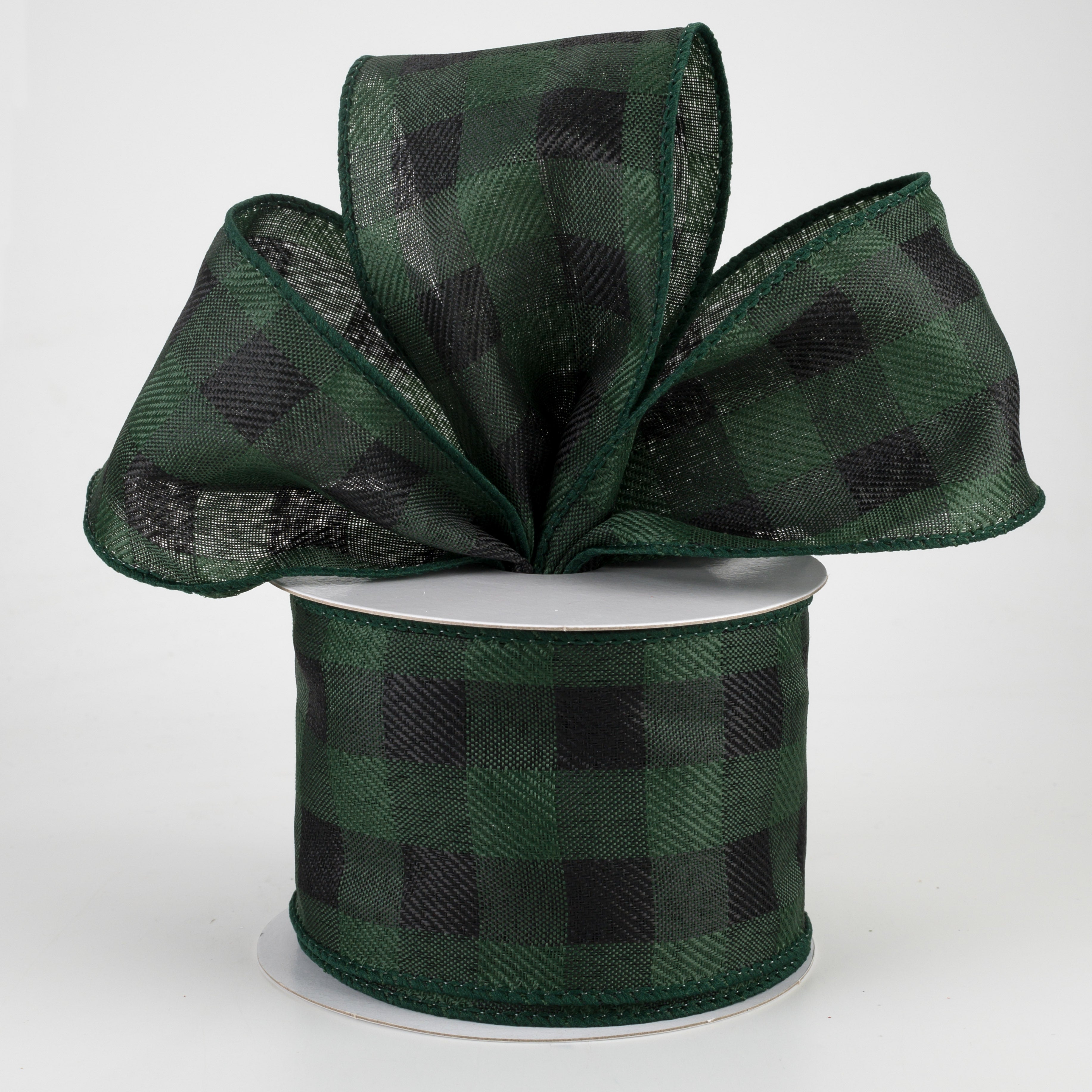 2.5" Linen Check Buffalo Plaid Ribbon: Emerald & Black (10 Yards) Lifestyle Photo