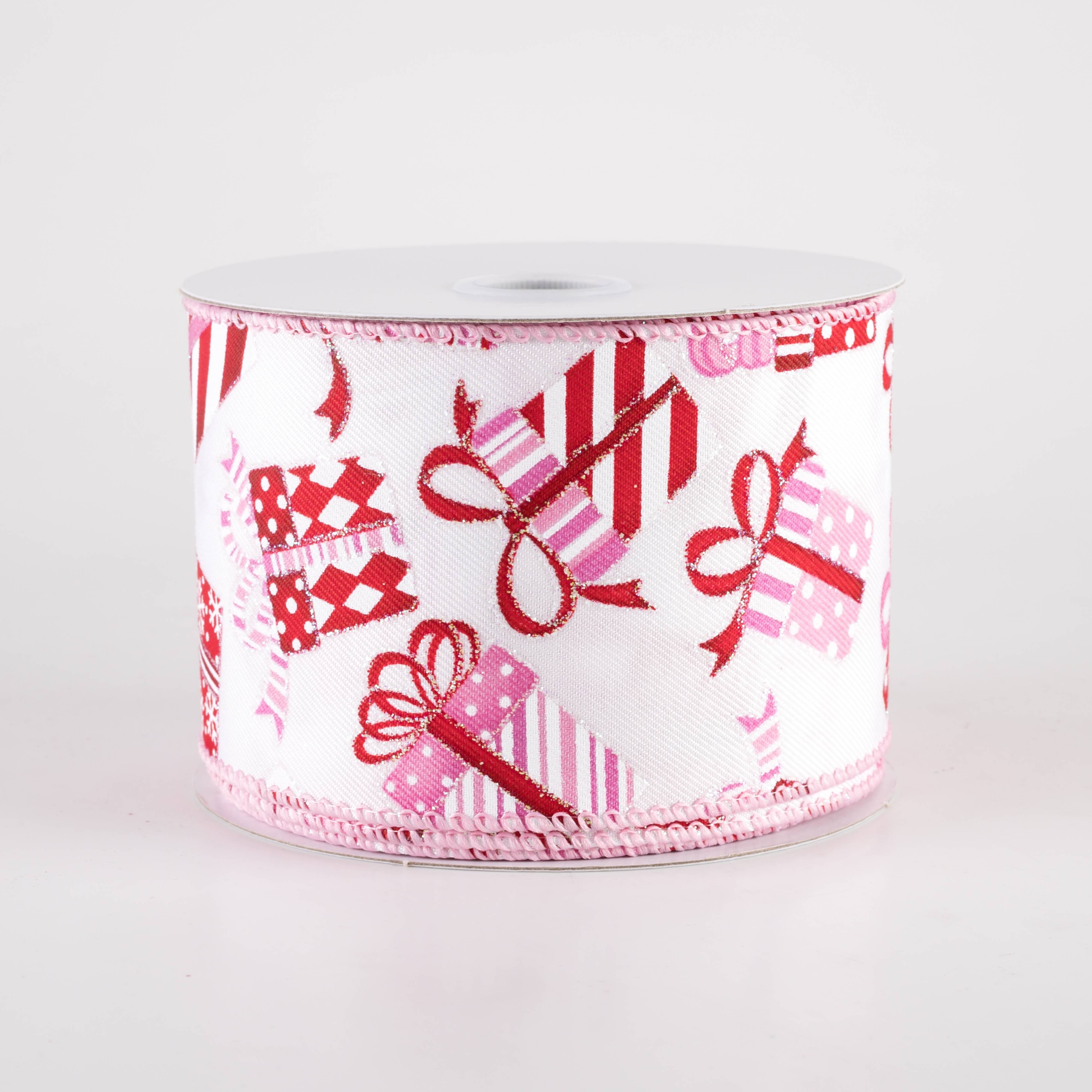 2.5" Linen Christmas Presents Ribbon: Pink on White (10 Yards) Item Number: 71413-40-03